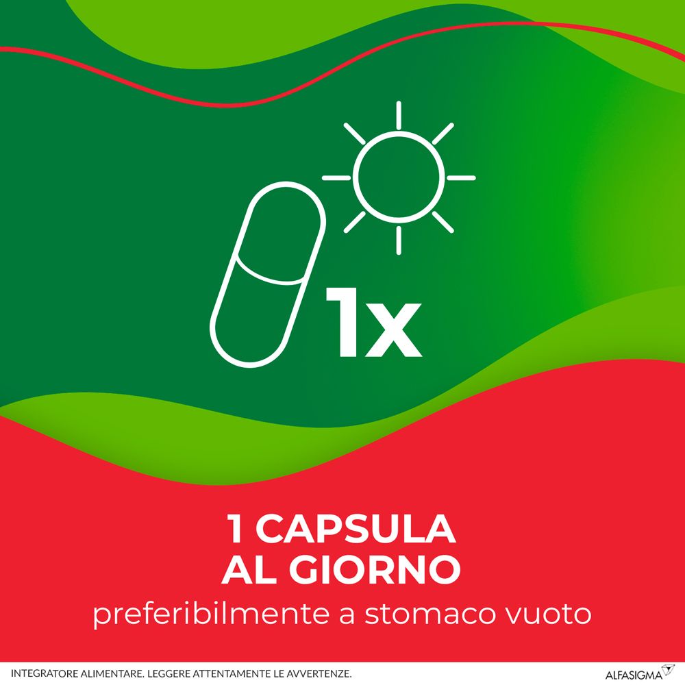 Capsula con sole e testo: '1 capsula al giorno, preferibilmente a stomaco vuoto'.