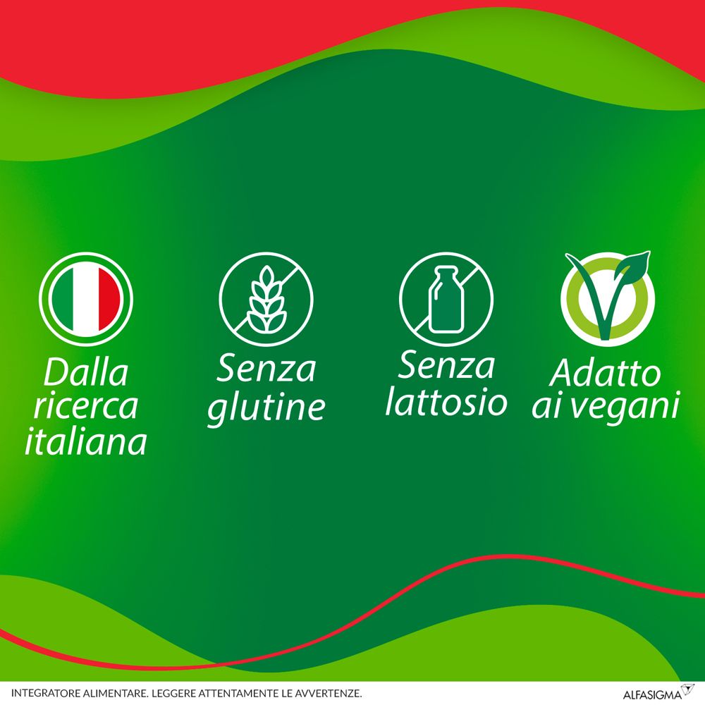 Simboli: Ricerca italiana, senza glutine, senza lattosio, adatto ai vegani. Sfondo verde.