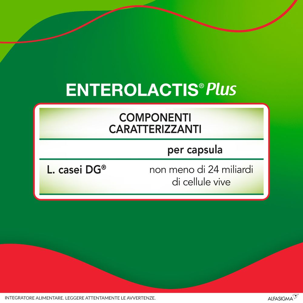 Testo: 'Enterolactis Plus'. Componenti per capsula: L. casei DG, non meno di 24 miliardi di cellule vive.