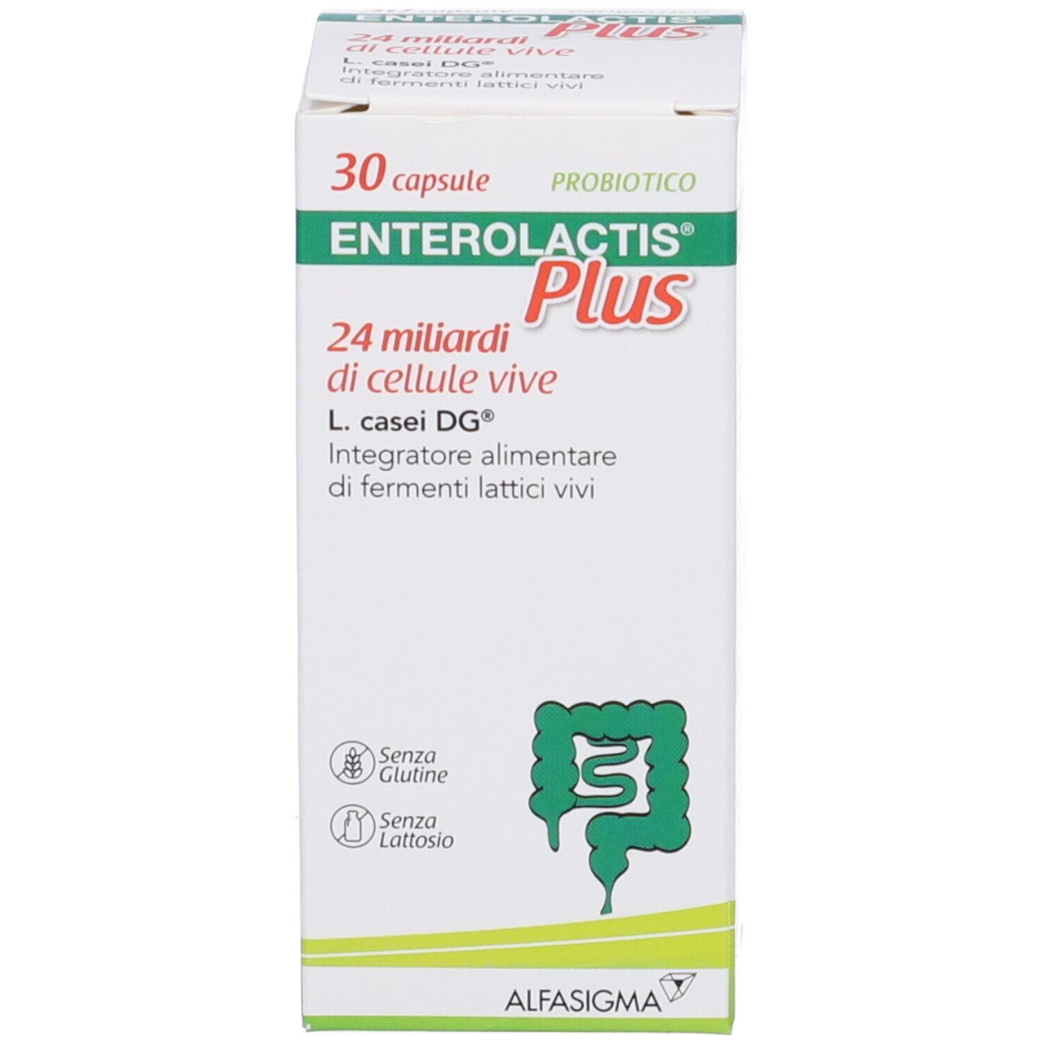 Enterolactis Plus, 30 capsule. Probiotico. Senza glutine, senza lattosio. Logo Alfasigma.