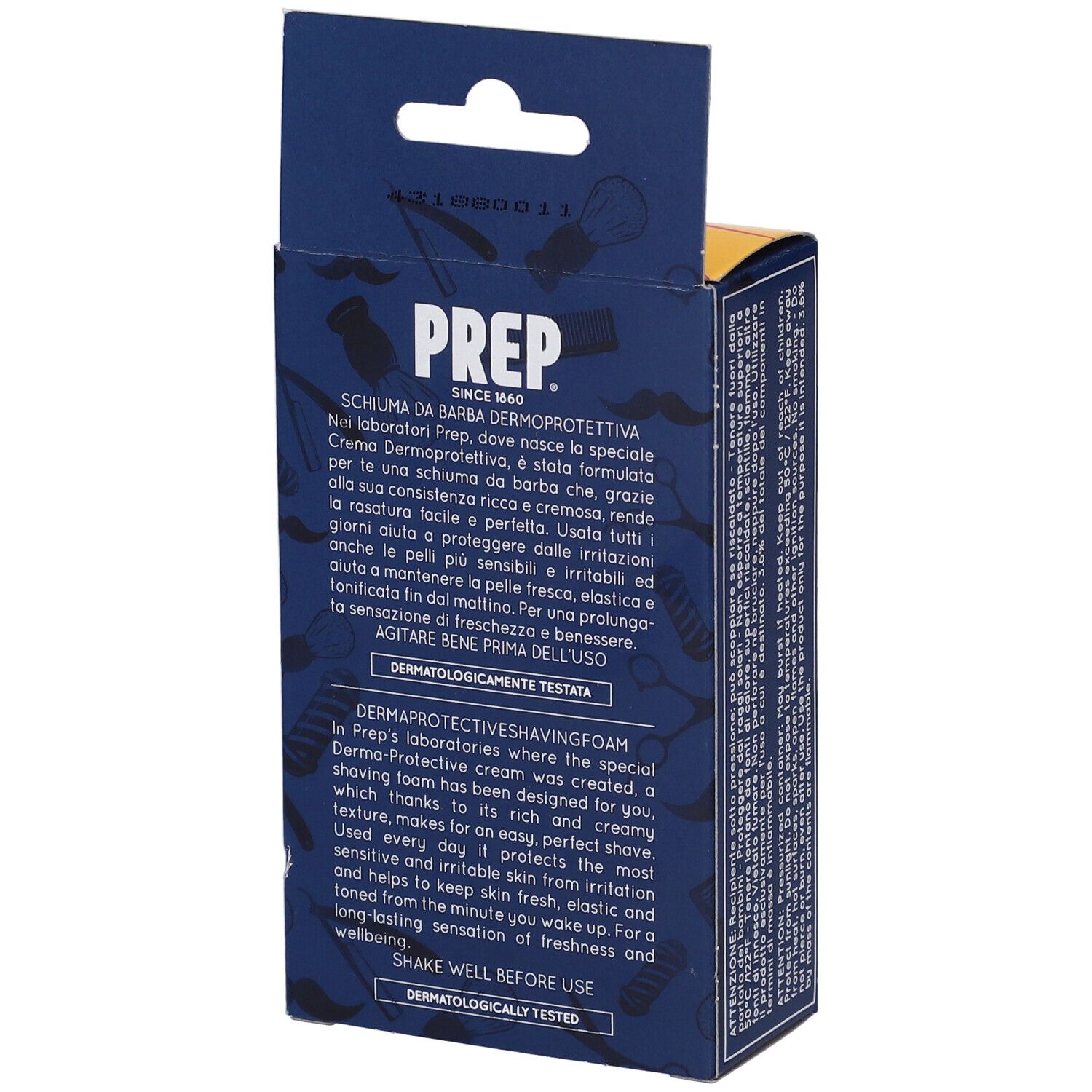 Retro della confezione con testo. Scritta: Prep, Schiuma da Barba Dermoprotettiva. Testo in italiano e inglese.