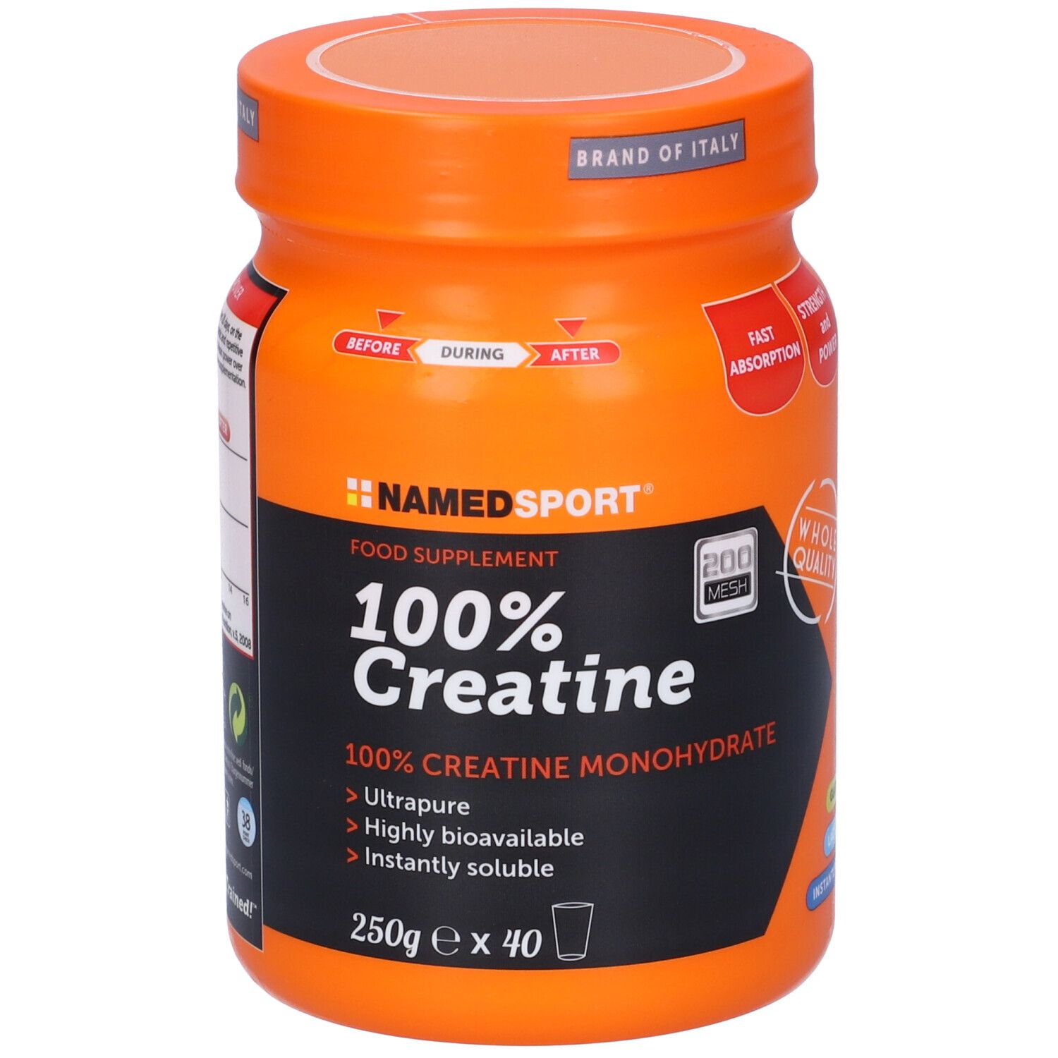 Barattolo arancione con etichetta nera. Scritta: NAMEDSPORT 100% Creatine. 250g, 40 porzioni. Ulteriori informazioni.