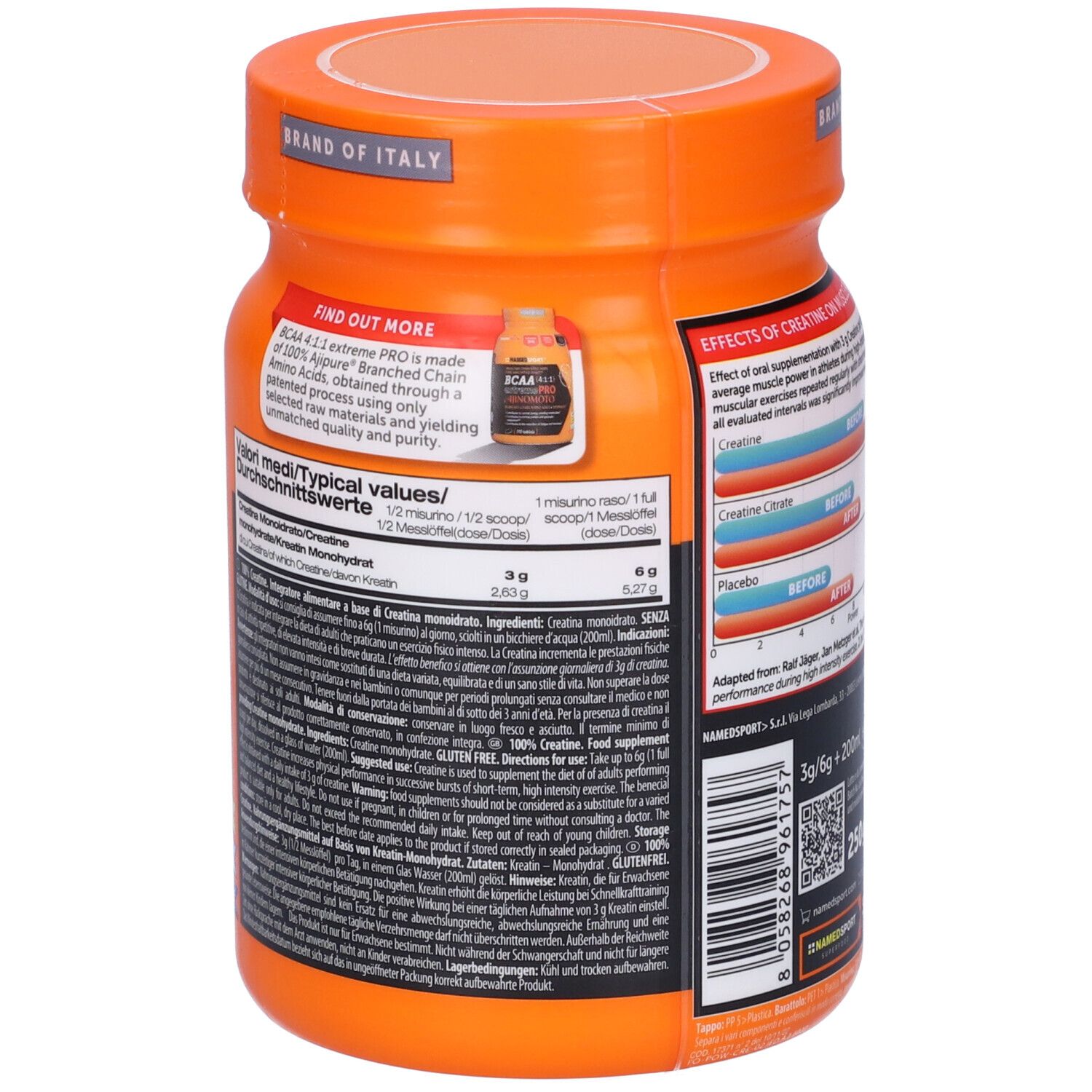 Retro del barattolo arancione. Testo: NAMEDSPORT 100% Creatine. Valori nutrizionali. Ulteriori informazioni. 250g.