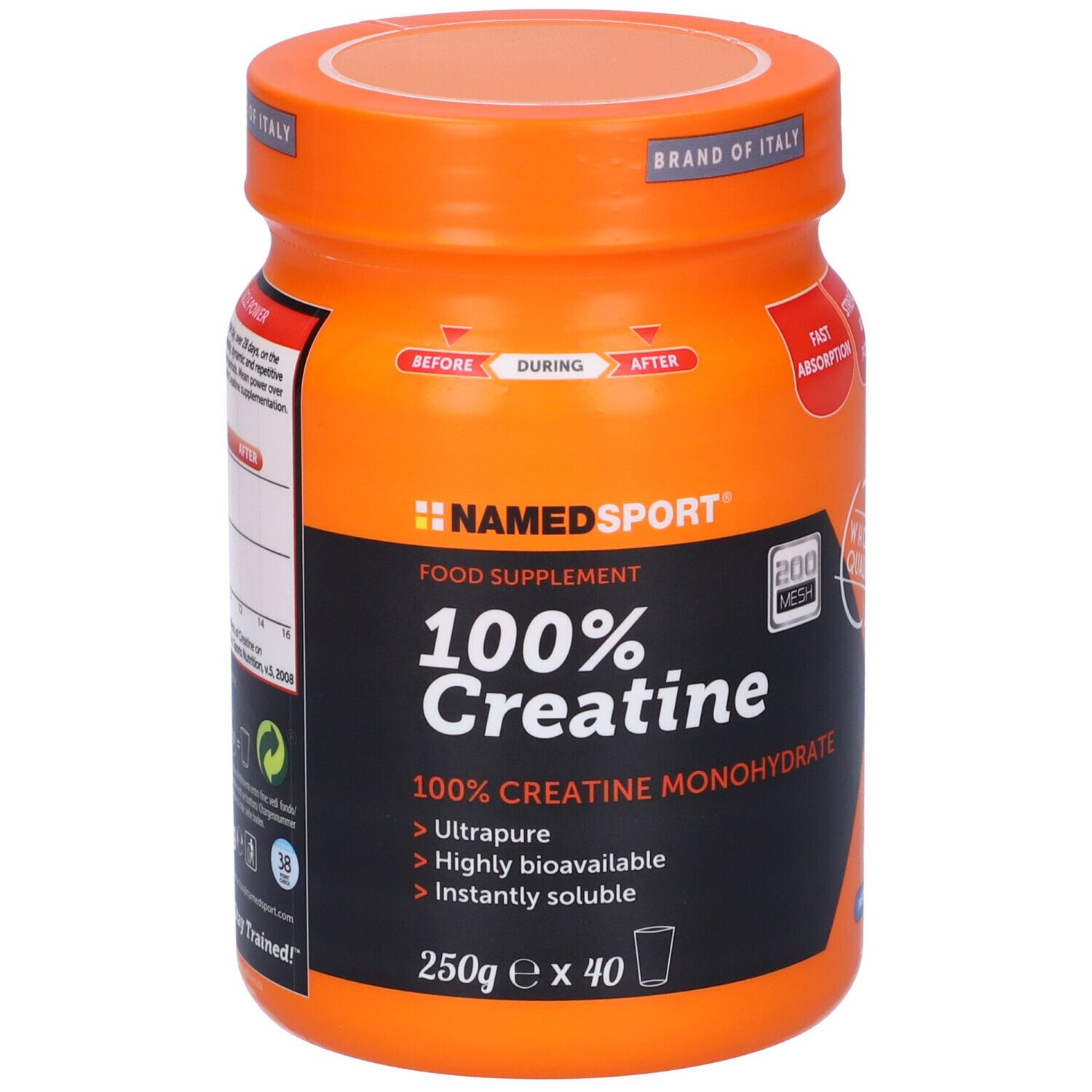 Barattolo arancione con etichetta nera. Scritta: NAMEDSPORT 100% Creatine. 250g, 40 porzioni. Ulteriori informazioni.