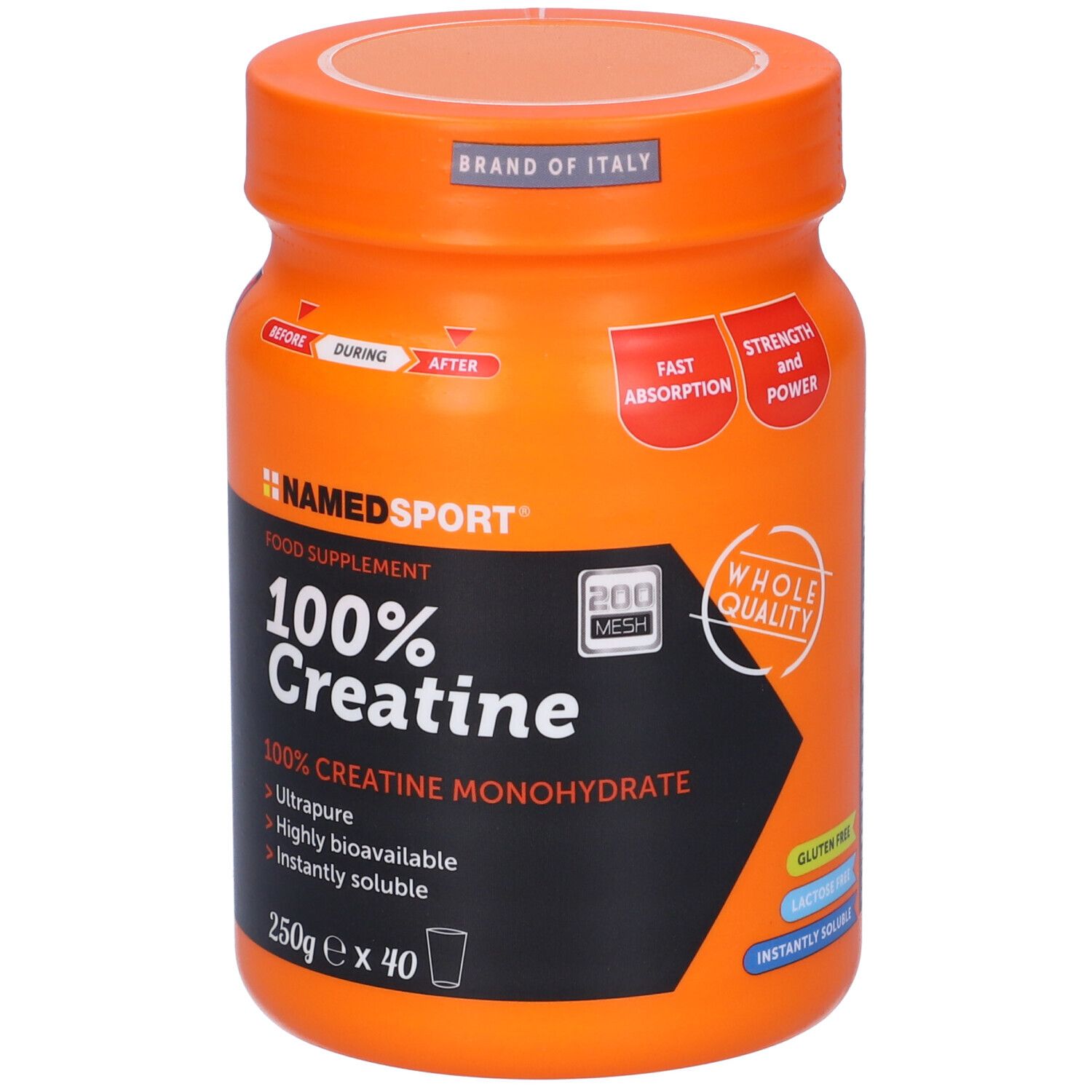 Barattolo arancione con etichetta nera. Scritta: NAMEDSPORT 100% Creatine. 250g, 40 porzioni. Ulteriori informazioni.