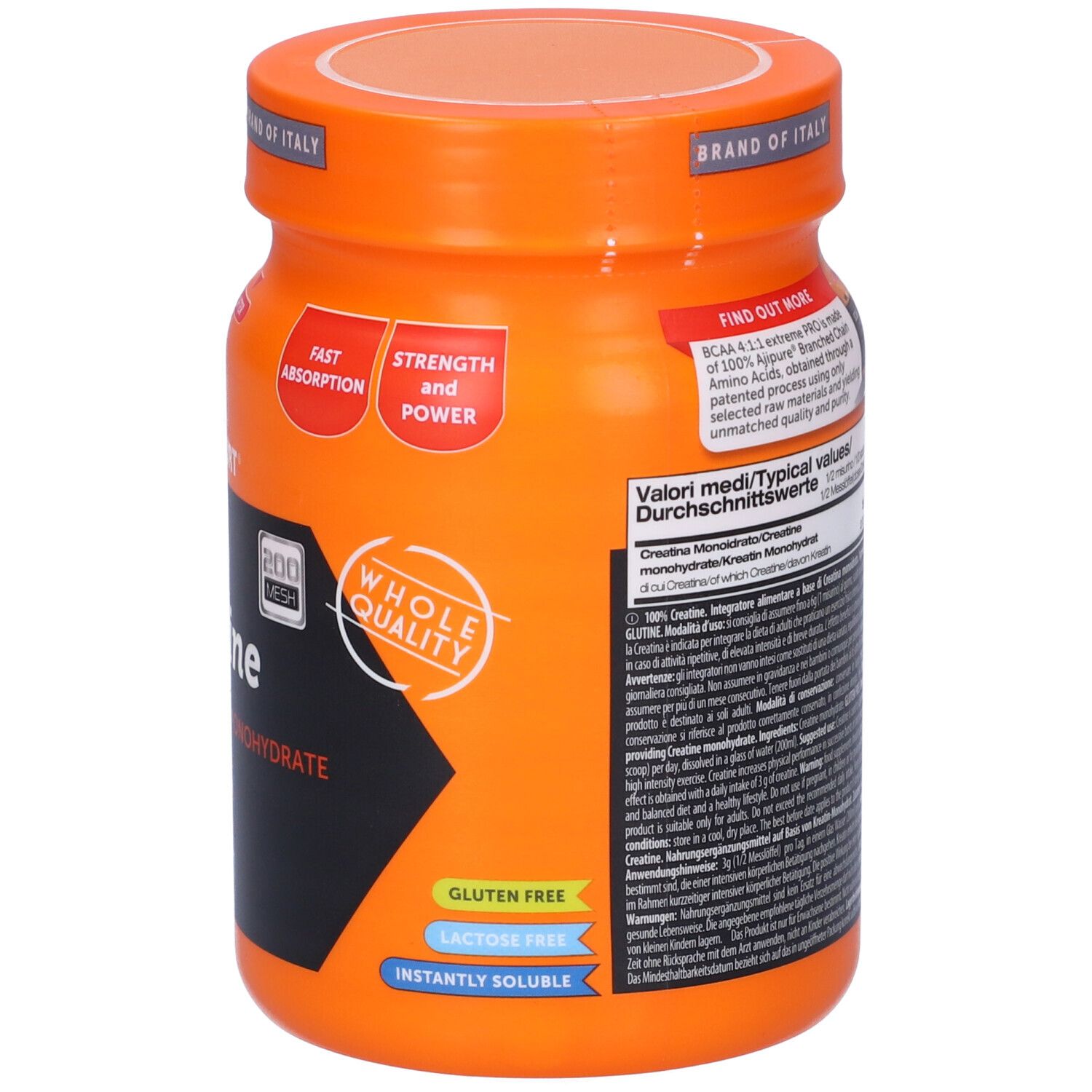 Retro del barattolo arancione. Testo: NAMEDSPORT 100% Creatine. Valori nutrizionali. Ulteriori informazioni. 250g.