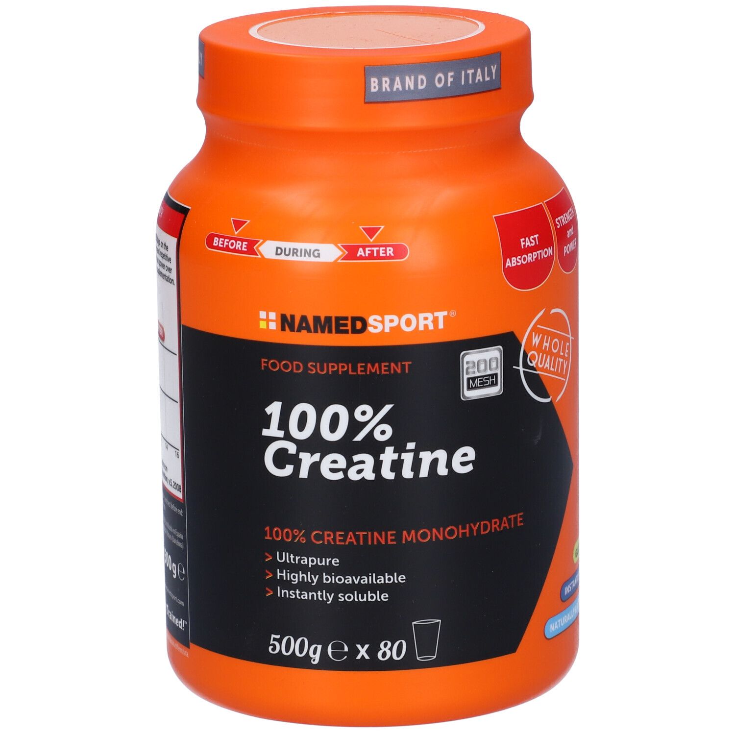Barattolo arancione NAMEDSPORT 100% Creatina. Scritta: 100% Creatina Monoidrato. 500g x 80 porzioni.