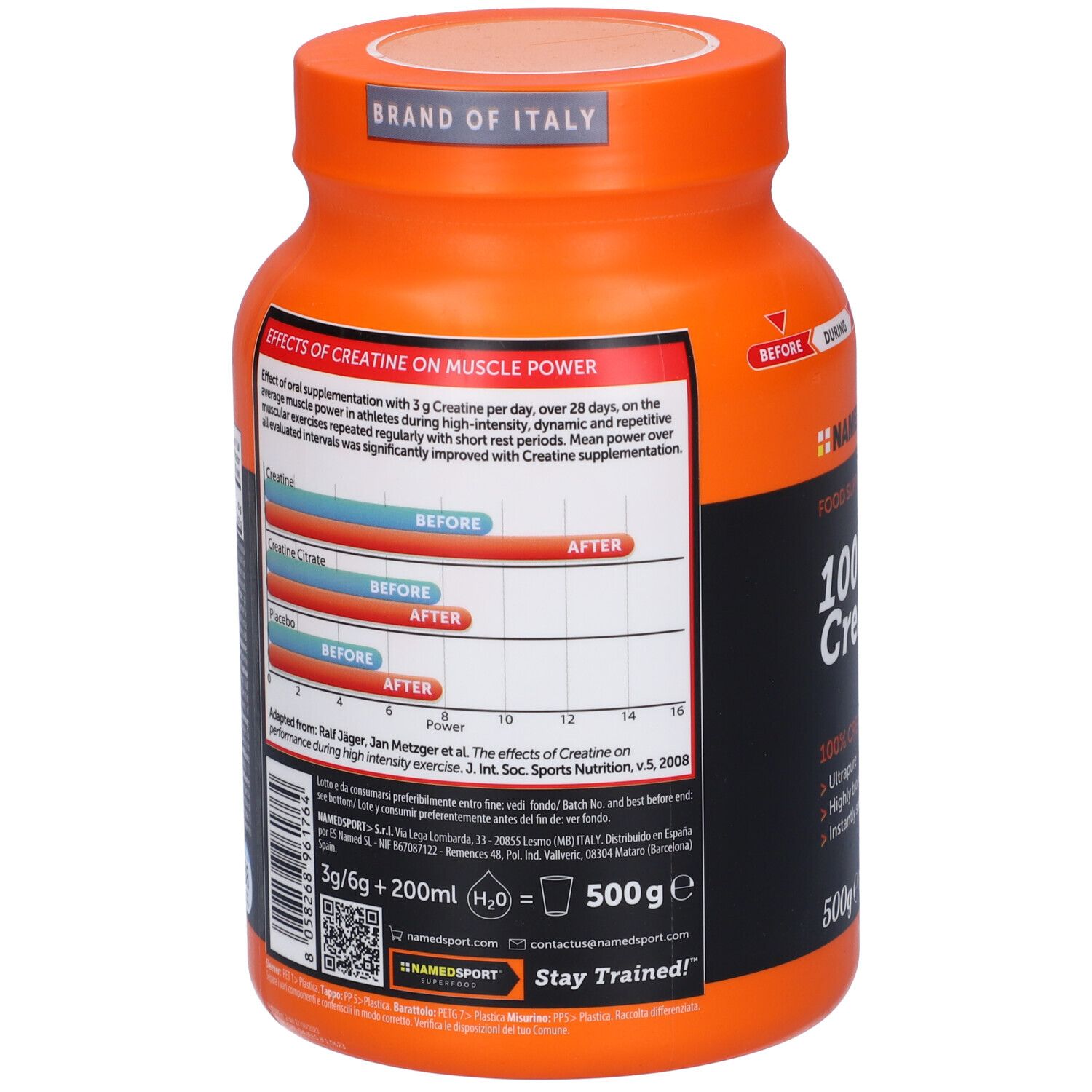 Retro del barattolo arancione. Grafici mostrano gli effetti della creatina sulla forza muscolare. Testo multilingue.
