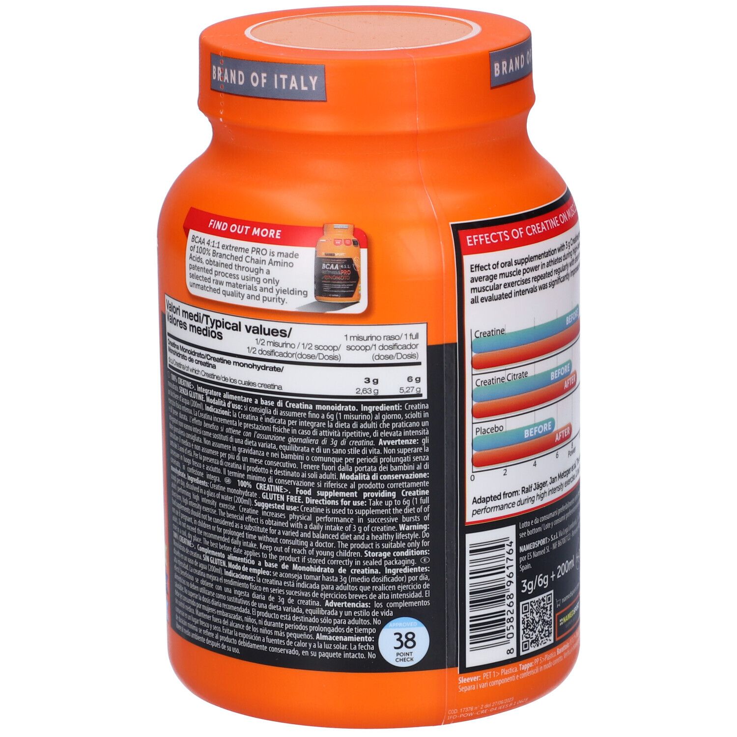 Retro del barattolo arancione. Contiene informazioni sulla creatina monoidrato. Testo multilingue.