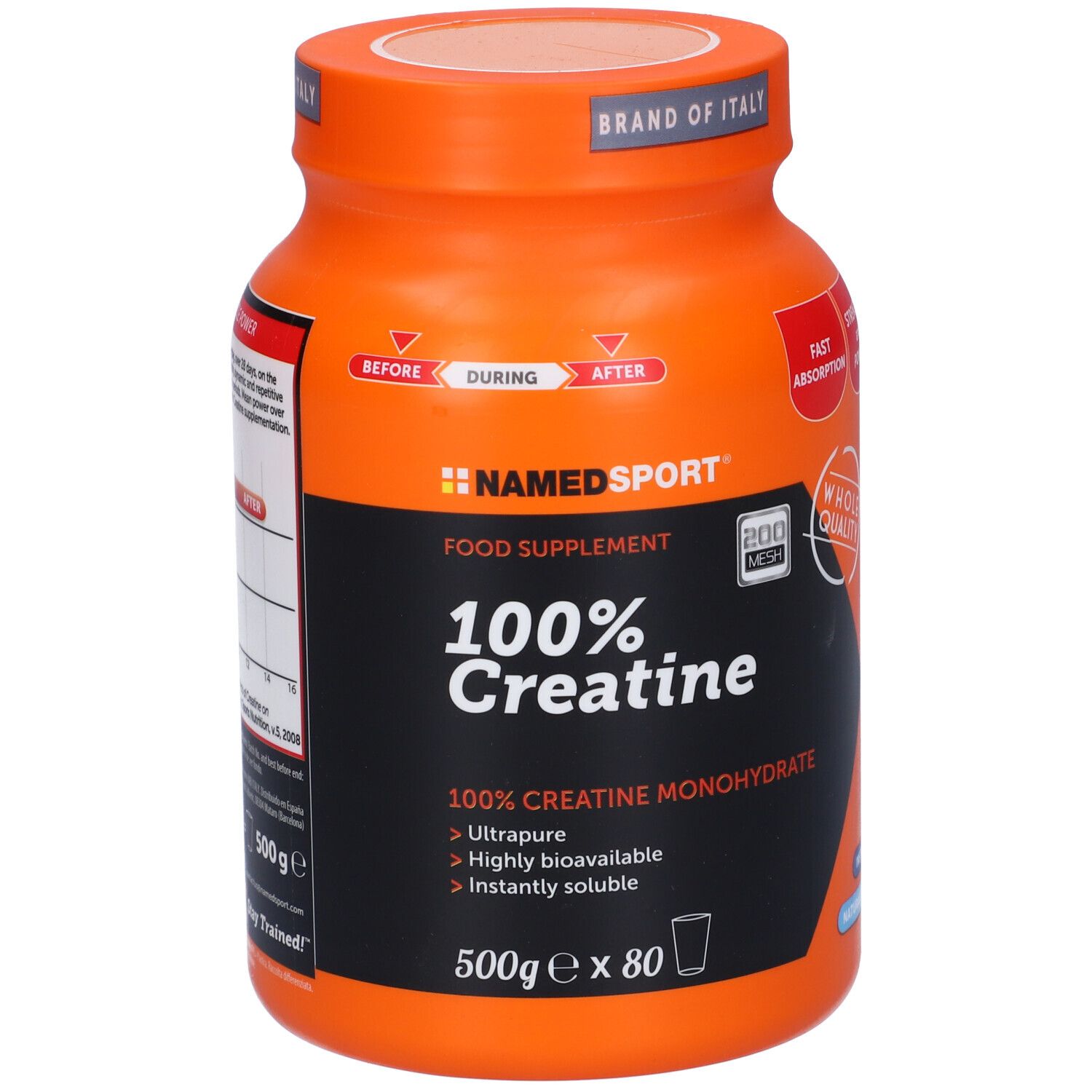 Barattolo arancione NAMEDSPORT 100% Creatina. Scritta: 100% Creatina Monoidrato. 500g x 80 porzioni.