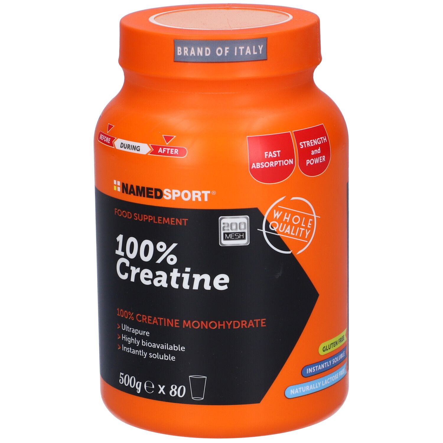 Barattolo arancione NAMEDSPORT 100% Creatina. Scritta: 100% Creatina Monoidrato. 500g x 80 porzioni.