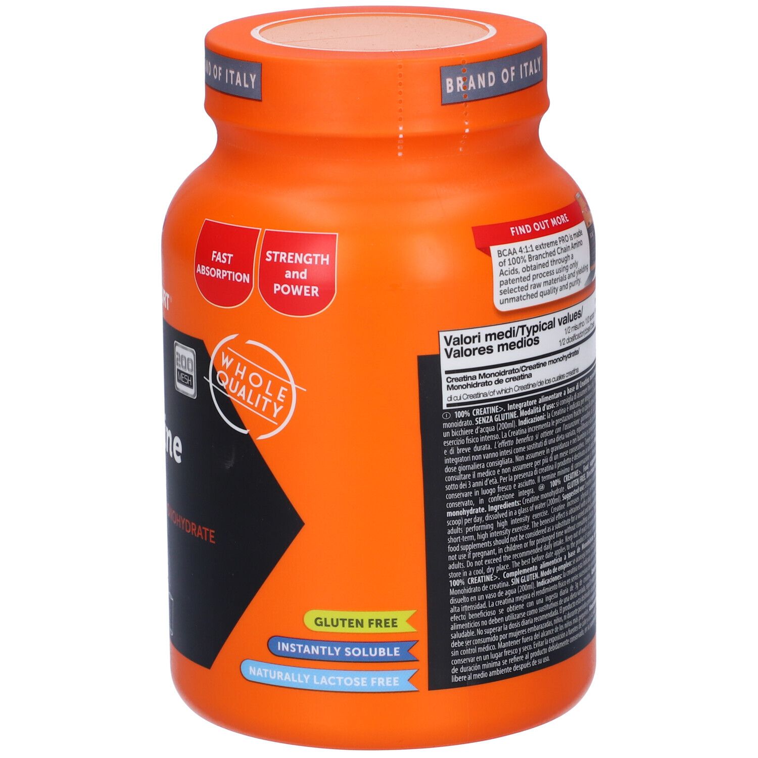 Retro del barattolo arancione. Contiene informazioni sulla creatina monoidrato. Testo multilingue.