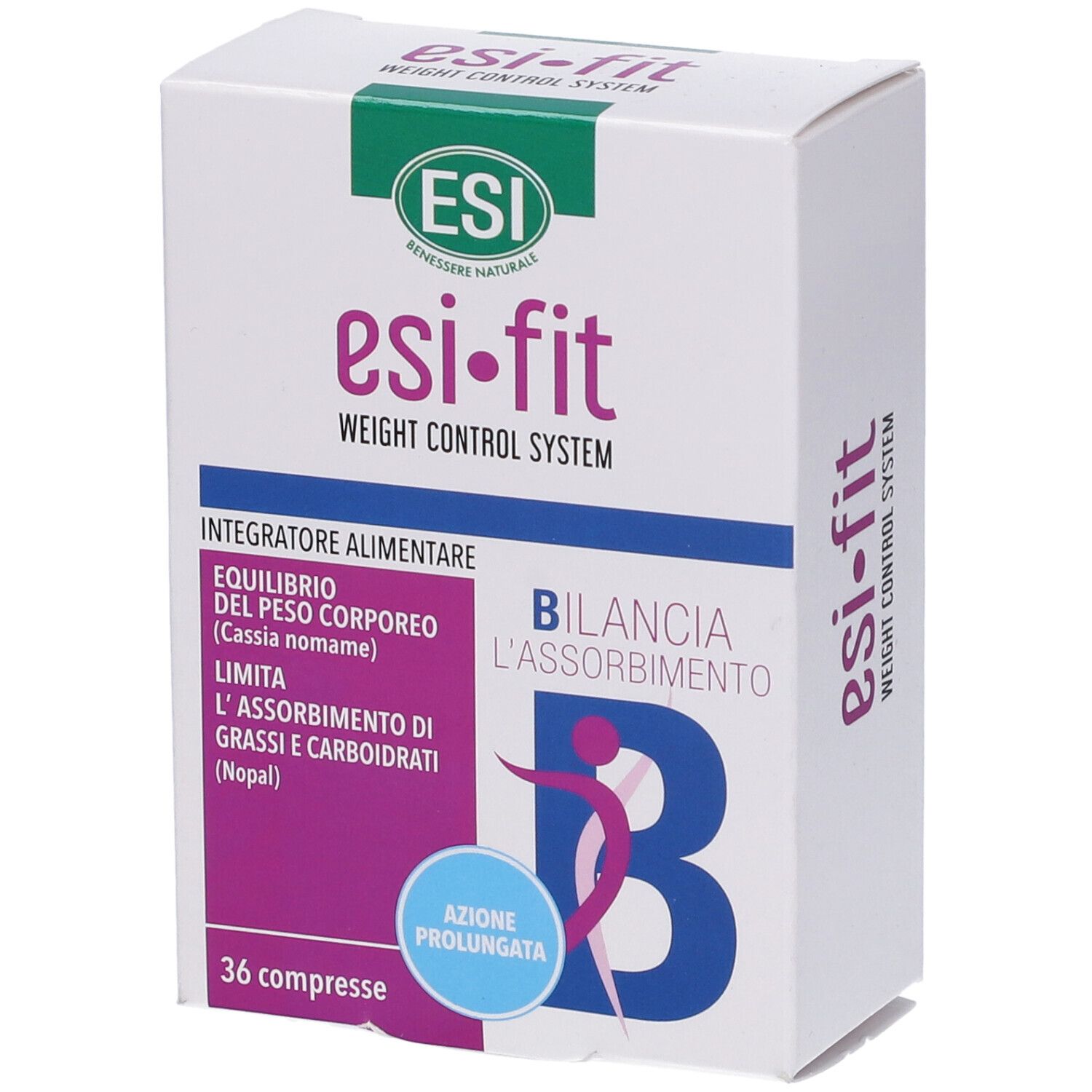 Scatola bianca 'esi-fit' e 'Weight Control System'. Testo italiano. 36 compresse. Design verde e viola.