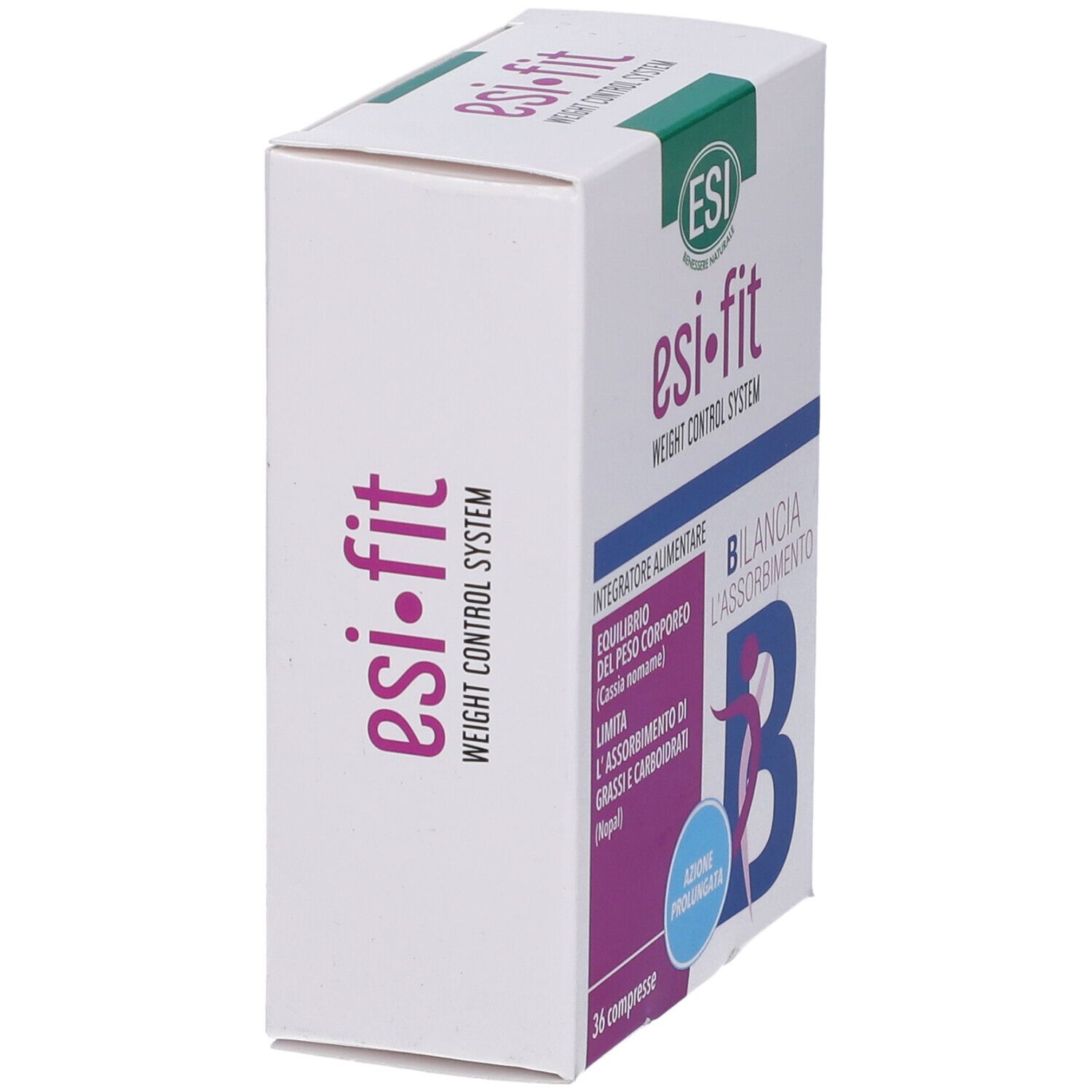 Scatola bianca 'esi-fit' e 'Weight Control System'. Testo italiano. 36 compresse. Design verde e viola.