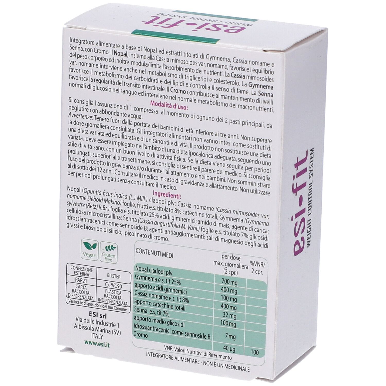 Scatola bianca 'esi-fit' e 'Weight Control System'. Testo italiano. 36 compresse. Design verde e viola.