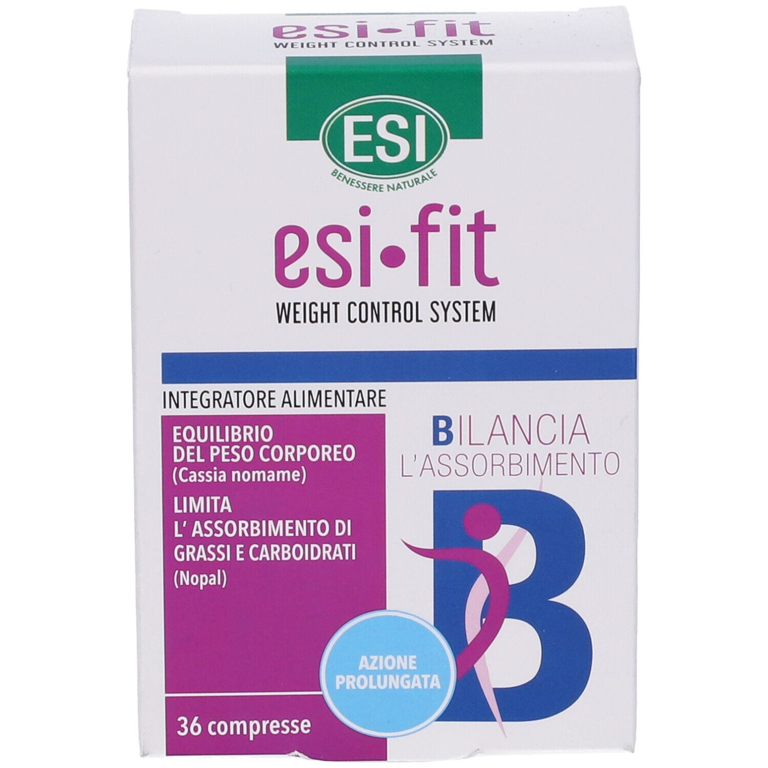 Scatola bianca 'esi-fit' e 'Weight Control System'. Testo italiano. 36 compresse. Design verde e viola.