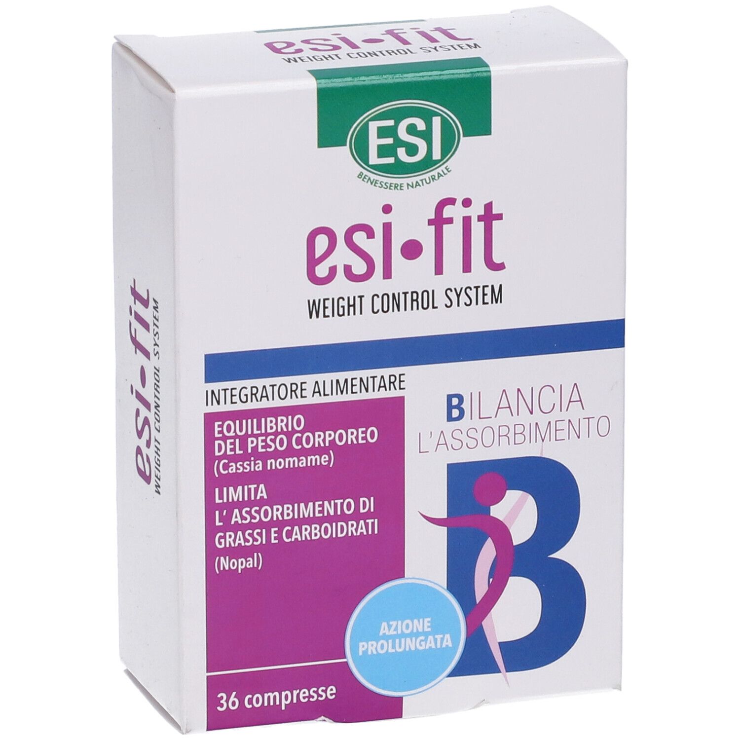 Scatola bianca 'esi-fit' e 'Weight Control System'. Testo italiano. 36 compresse. Design verde e viola.