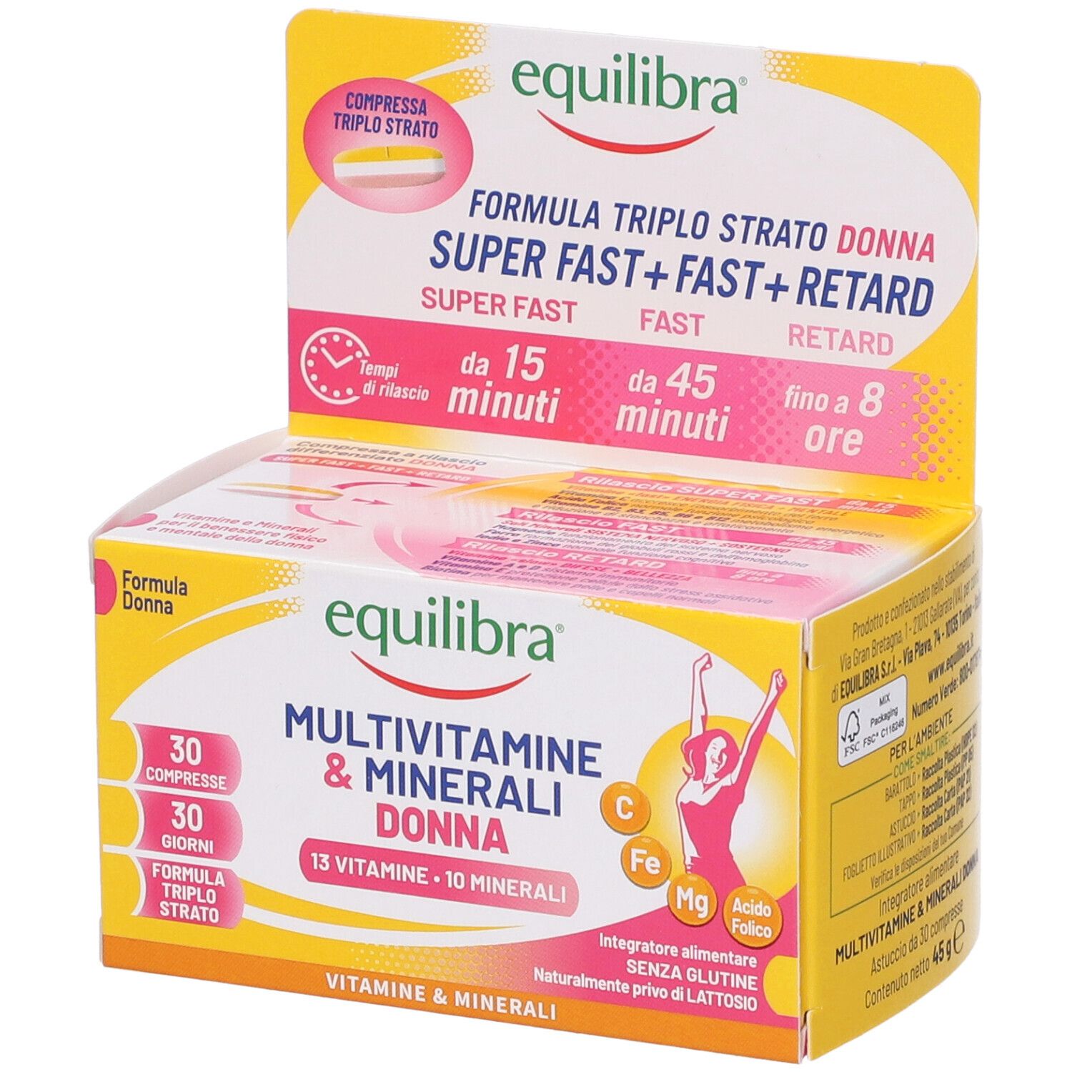 Confezione gialla con nome e logo del prodotto. Contiene 30 compresse. Formula donna con vitamine e minerali.