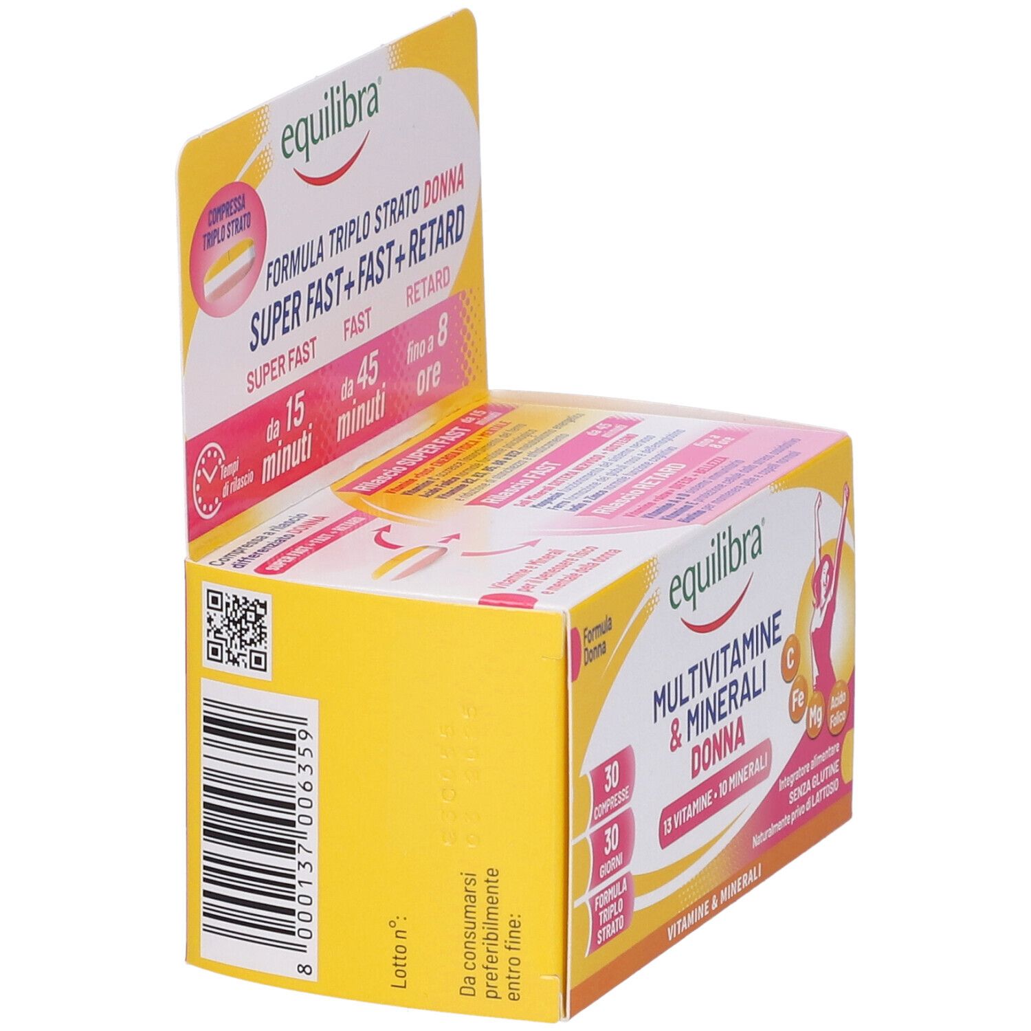 Confezione gialla con nome e logo del prodotto. Contiene 30 compresse. Formula donna con vitamine e minerali.