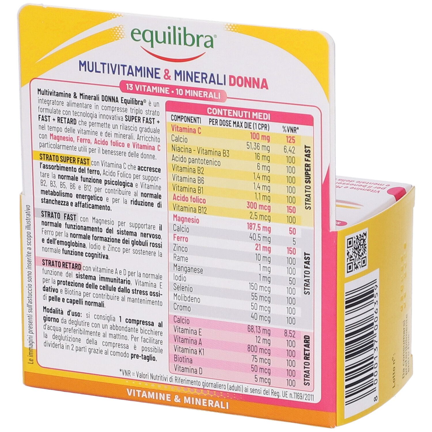 Retro della confezione con ingredienti e informazioni nutrizionali. Contiene vitamine e minerali per donne.