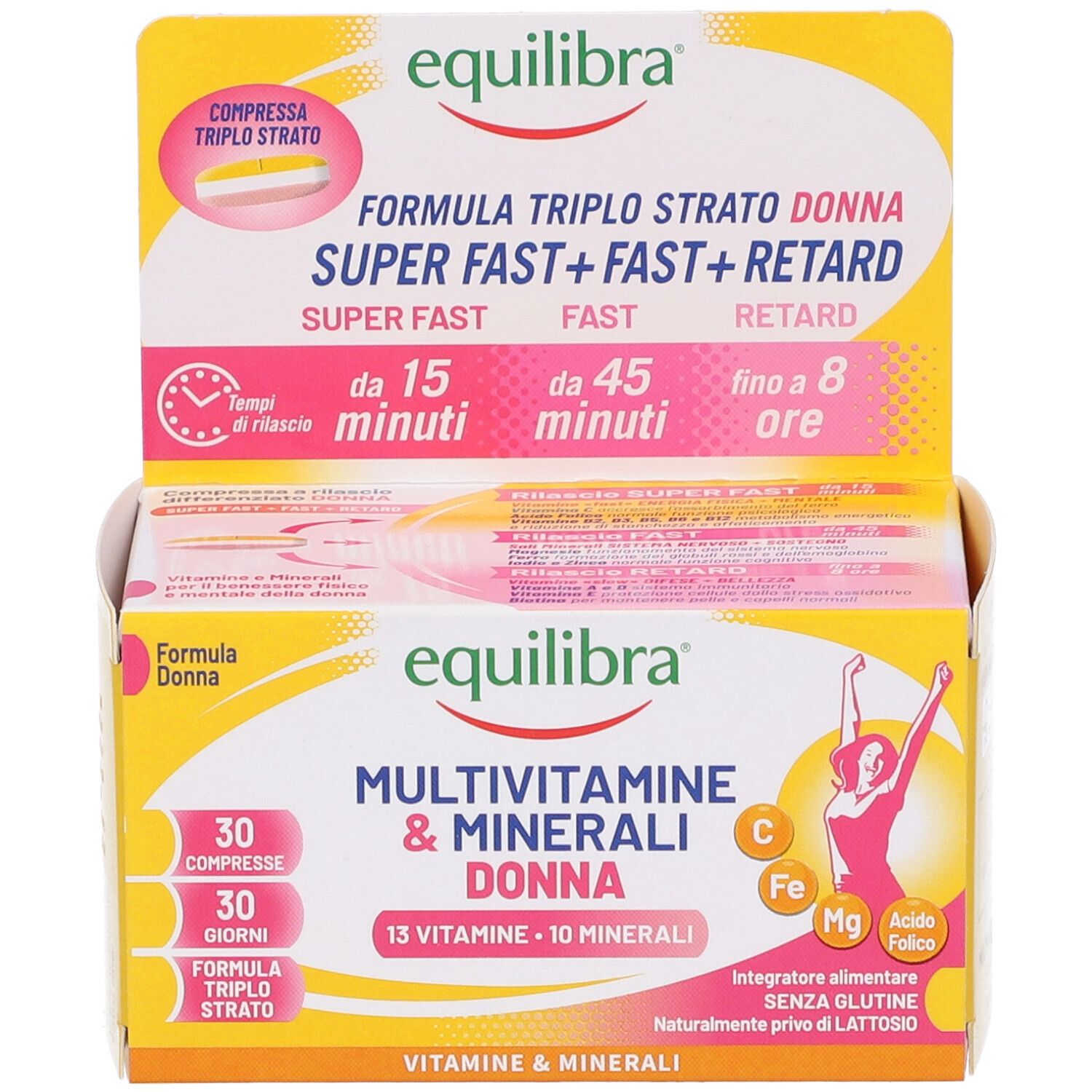 Confezione gialla con nome e logo del prodotto. Contiene 30 compresse. Formula donna con vitamine e minerali.