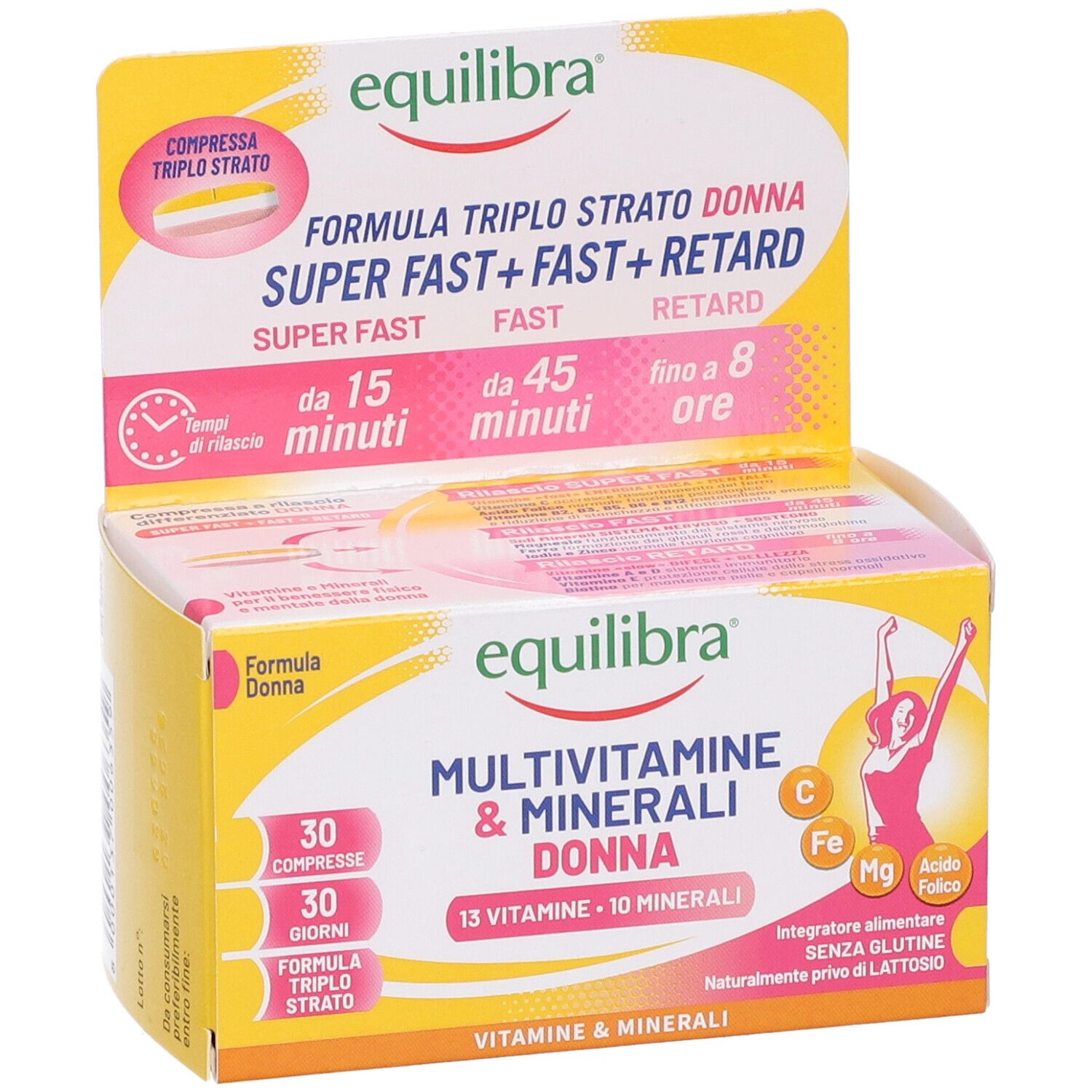 Confezione gialla con nome e logo del prodotto. Contiene 30 compresse. Formula donna con vitamine e minerali.