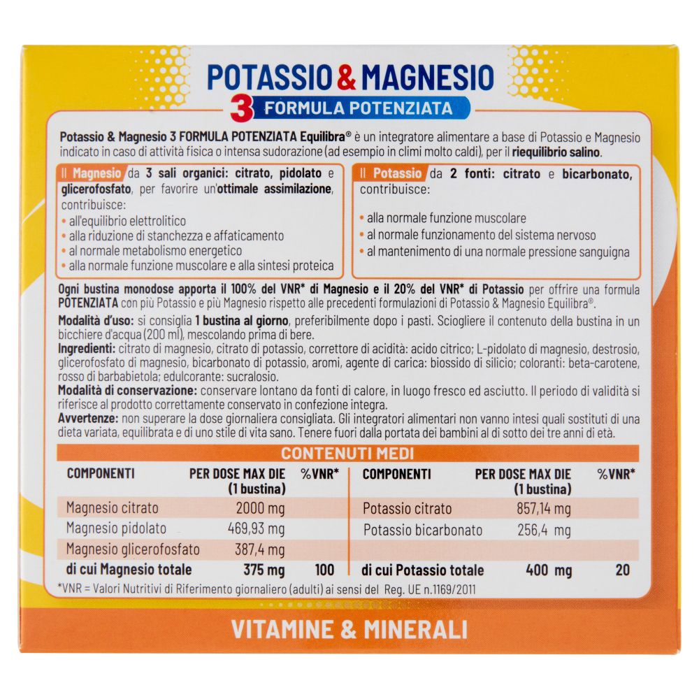 Rückseite der Verpackung von Equilibra® Potassio & Magnesio. Enthält Informationen zu Inhaltsstoffen und Nährwerten.
