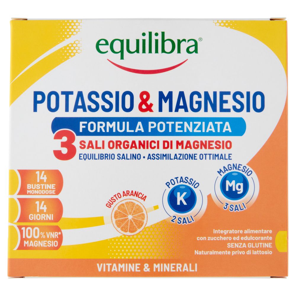 Scatola gialla con nome e loghi del prodotto. Contiene 14 bustine, 14 giorni, 100% VNR magnesio. Gusto arancia.