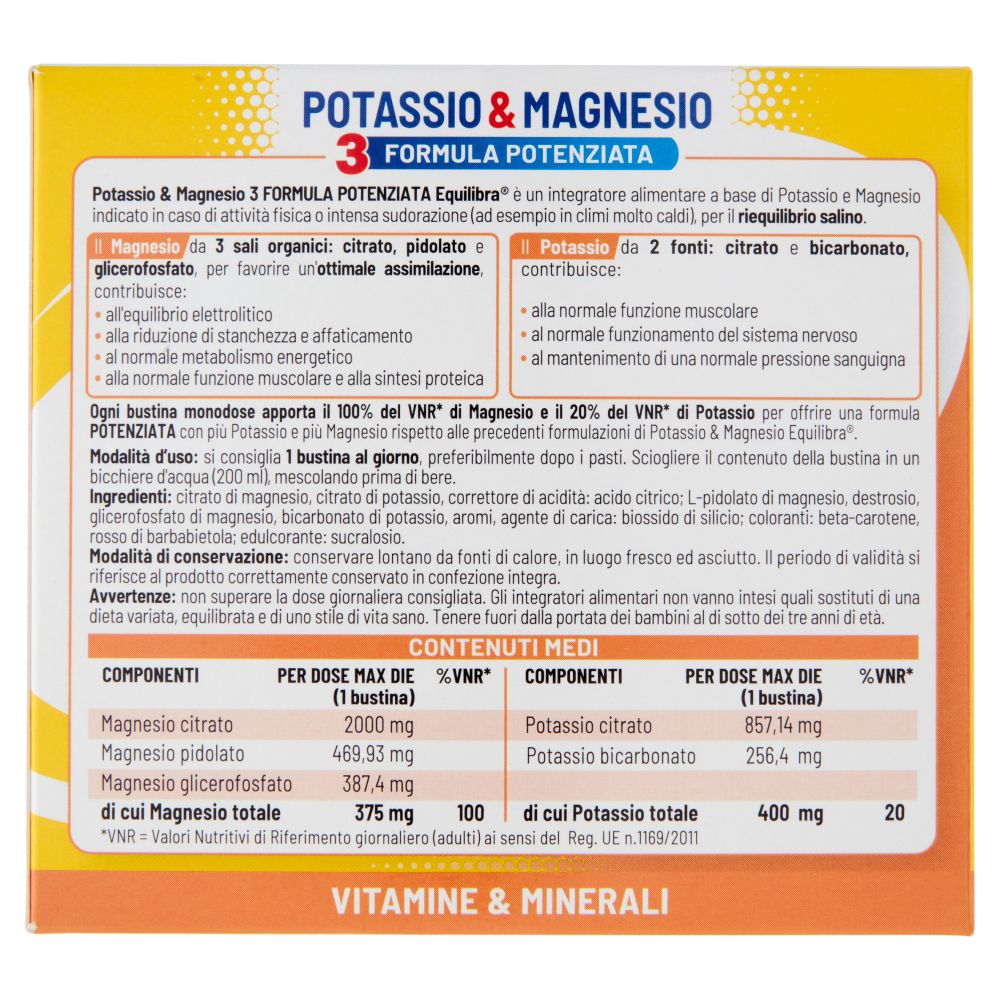 Retro della scatola gialla con ingredienti e informazioni nutrizionali. Contiene magnesio e potassio.