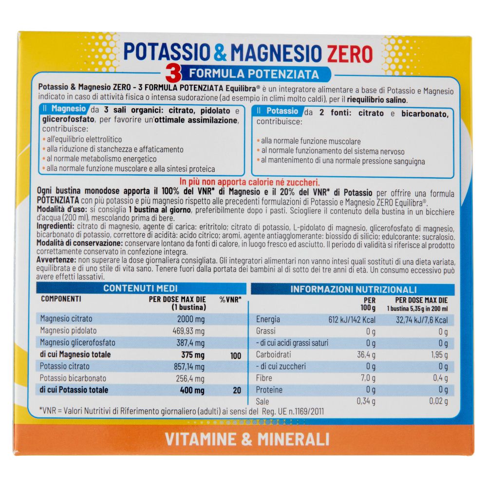 Retro della confezione Equilibra® Potassio & Magnesio Zero. Informazioni su ingredienti e valori nutrizionali.