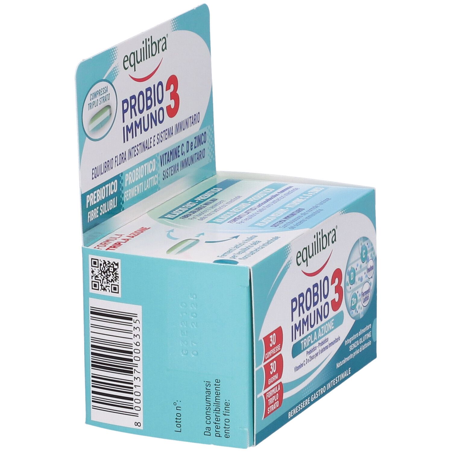 Confezione Probio 3 Immuno. Scatola blu con nome e codice a barre. 30 compresse.