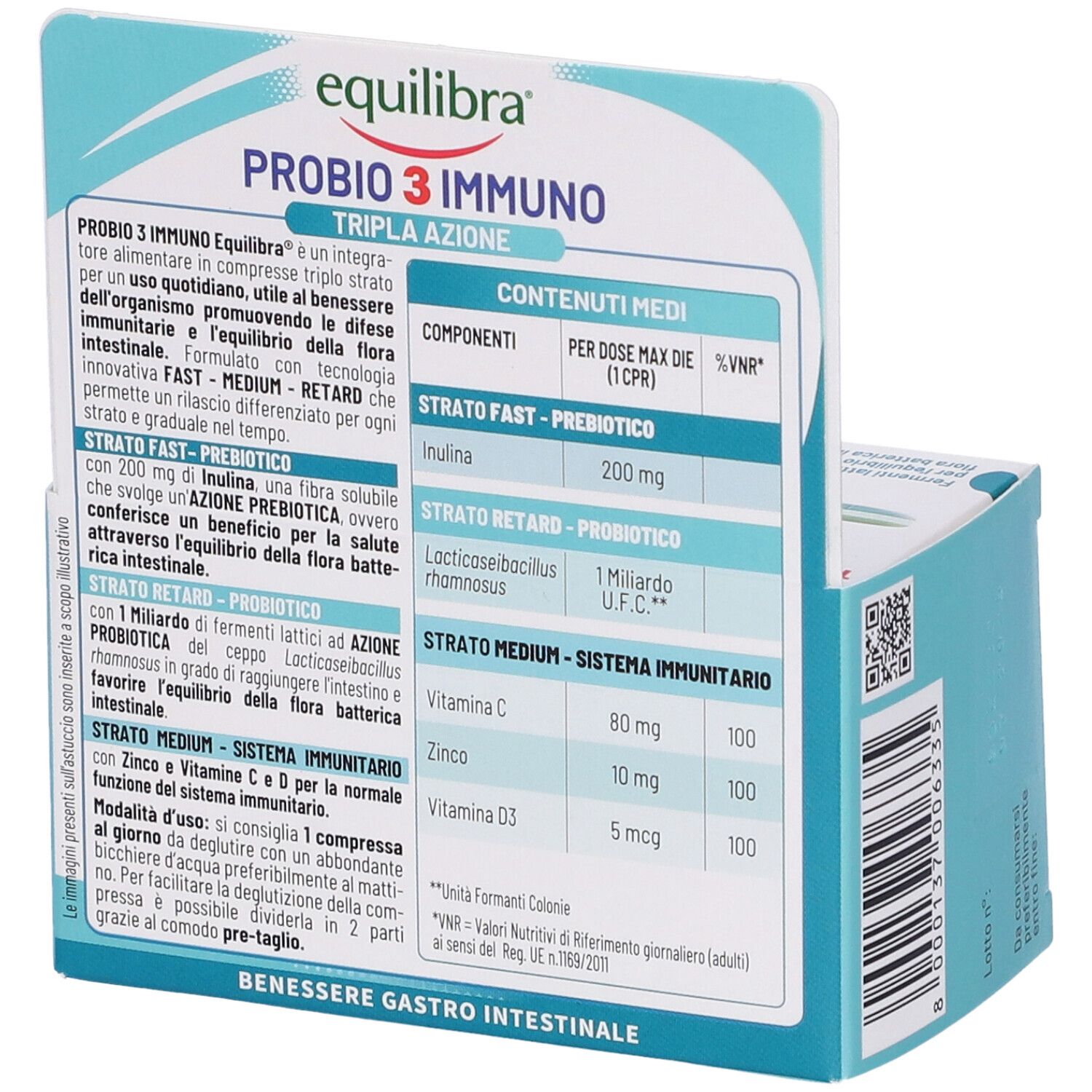 Retro confezione Probio 3 Immuno. Ingredienti e informazioni nutrizionali. Testo blu.