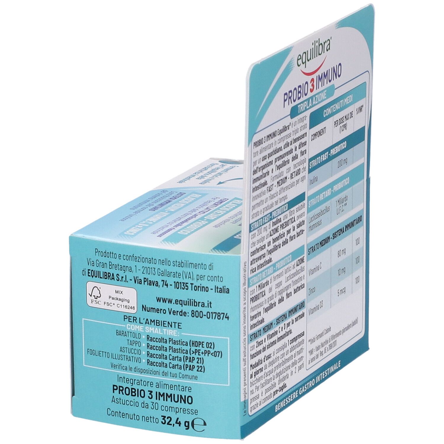 Confezione Probio 3 Immuno. Scatola blu con informazioni e riciclo.