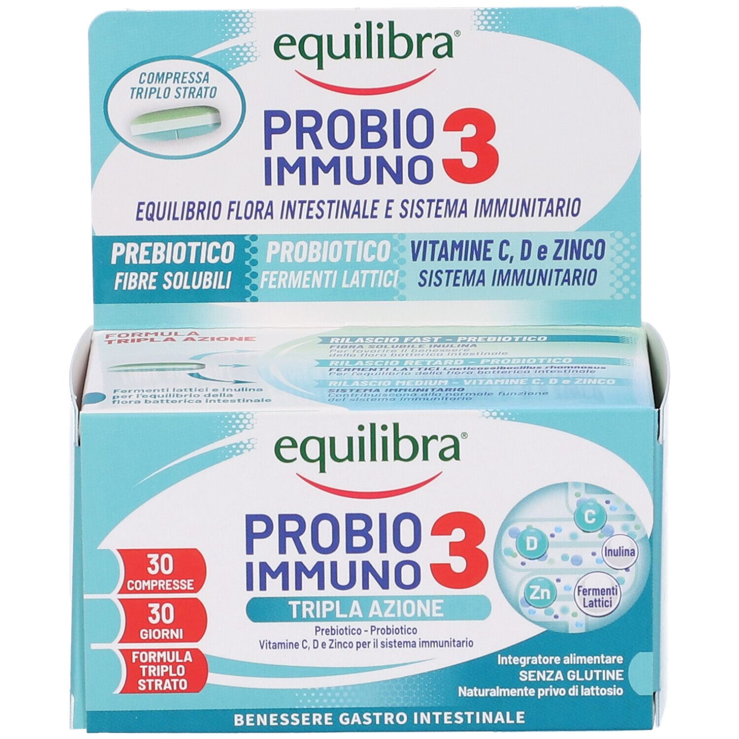 Confezione di Probio 3 Immuno. Scatola blu con nome e ingredienti. 30 compresse.
