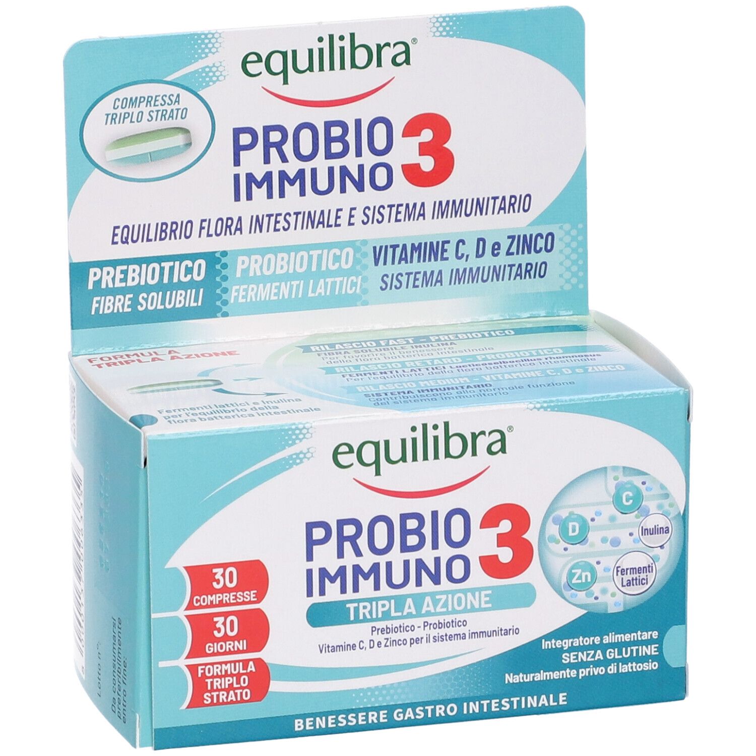 Confezione di Probio 3 Immuno. Scatola blu con nome e ingredienti. 30 compresse.