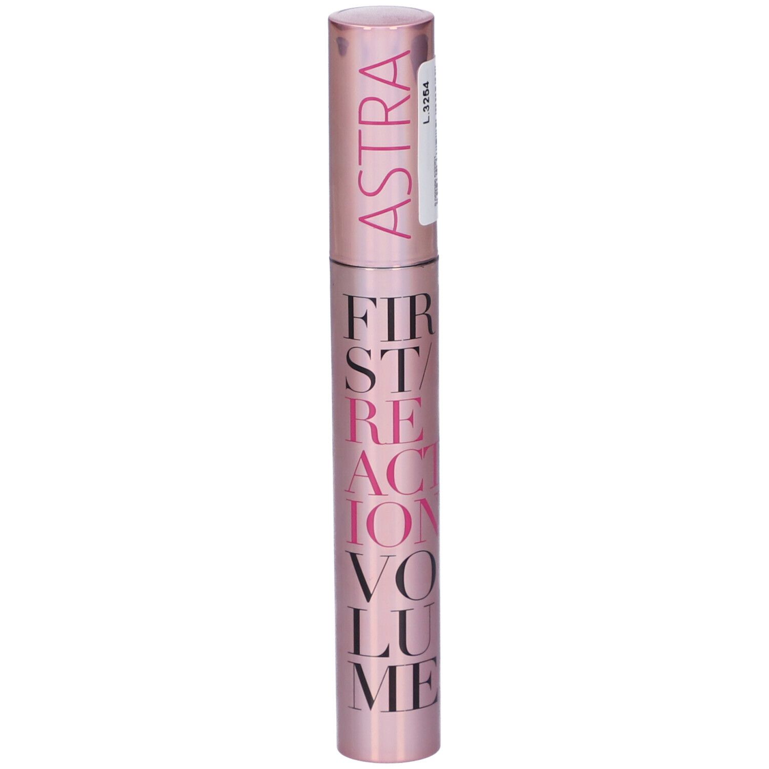 Tubo mascara, rosa, scritta: FIRST REACTION VOLUME. Logo ASTRA. Etichetta.