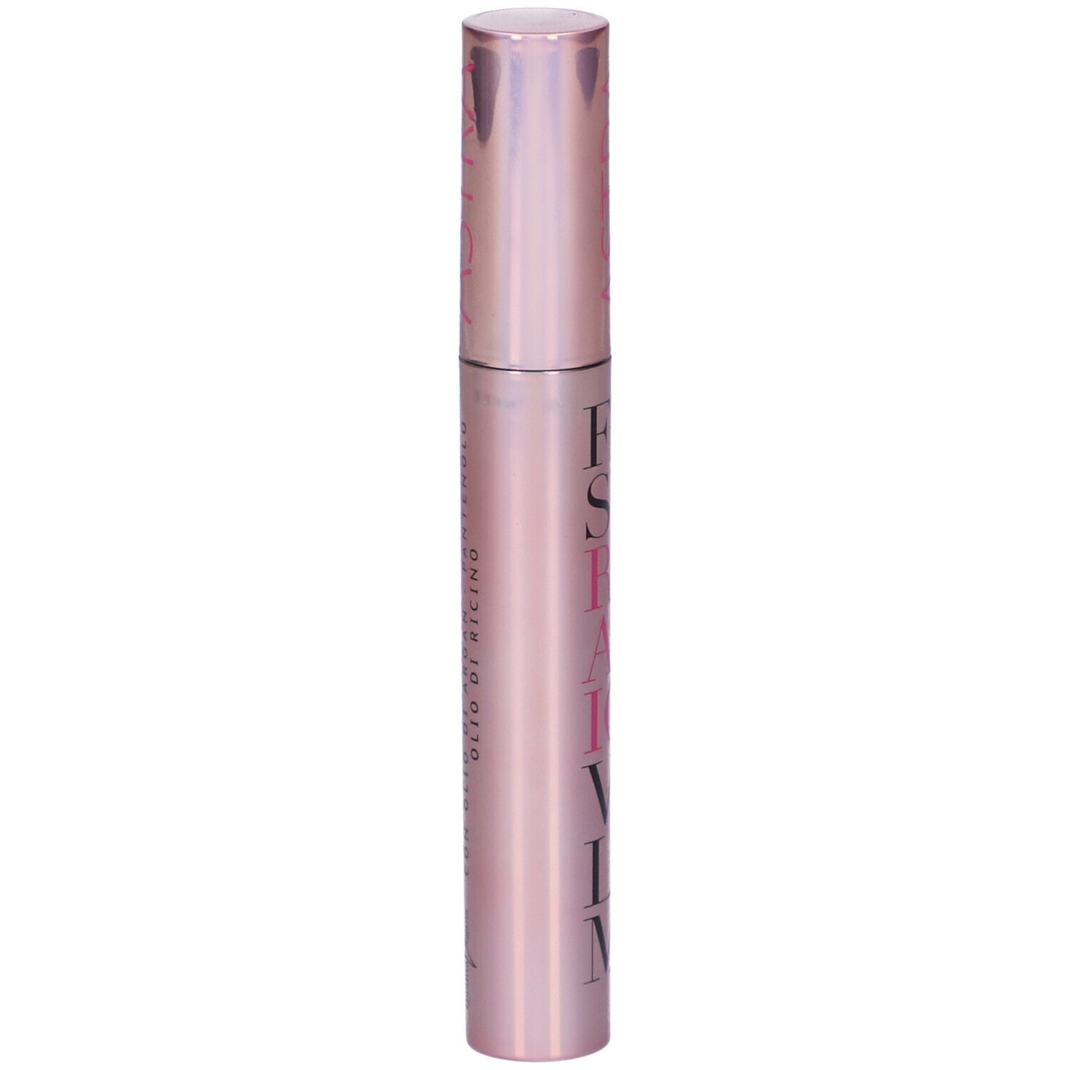 Tubo mascara, rosa, scritta: FIRST REACTION VOLUME. Logo ASTRA. Etichetta.
