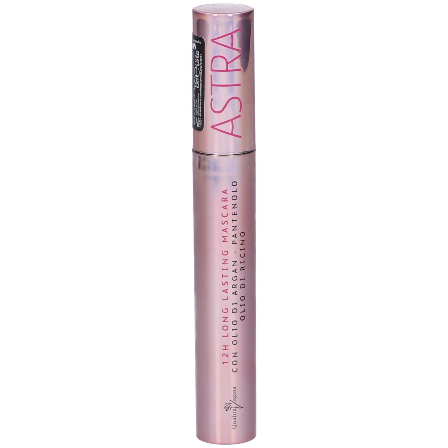 Tubo mascara, rosa, scritta: 12H LONG LASTING. Con olio di argan e pantenolo. Logo ASTRA.