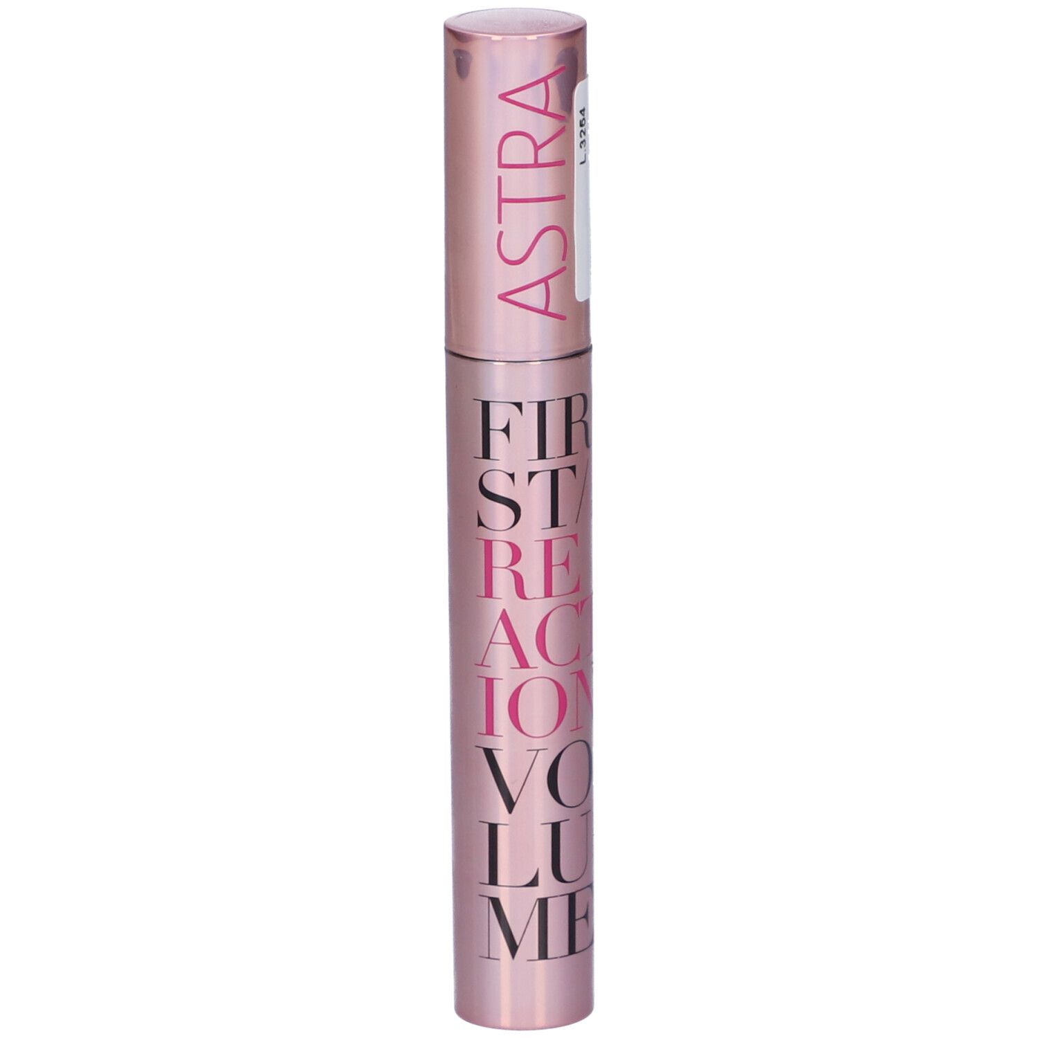 Tubo mascara, rosa, scritta: FIRST REACTION VOLUME. Logo ASTRA. Etichetta.