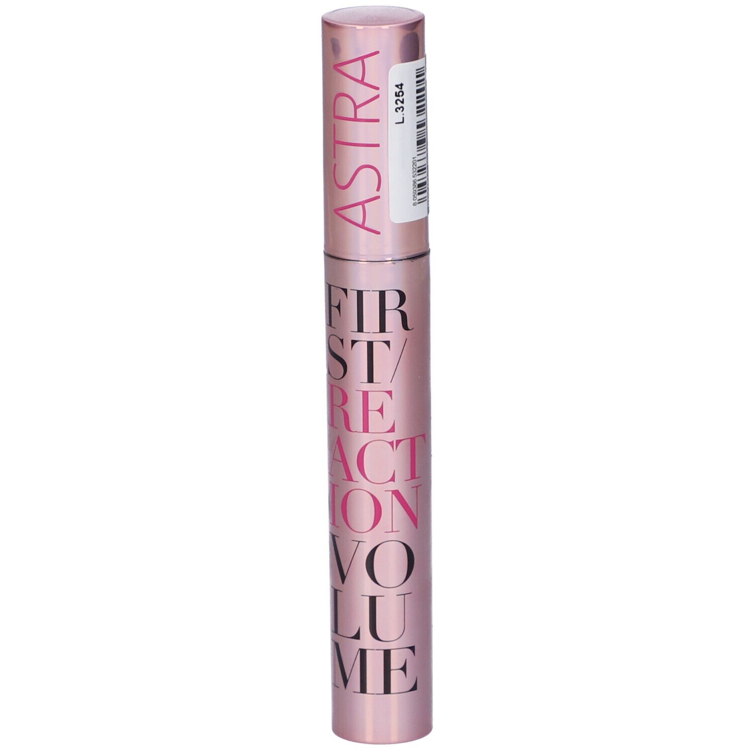 Tubo mascara, rosa, scritta: FIRST REACTION VOLUME. Logo ASTRA. Etichetta.