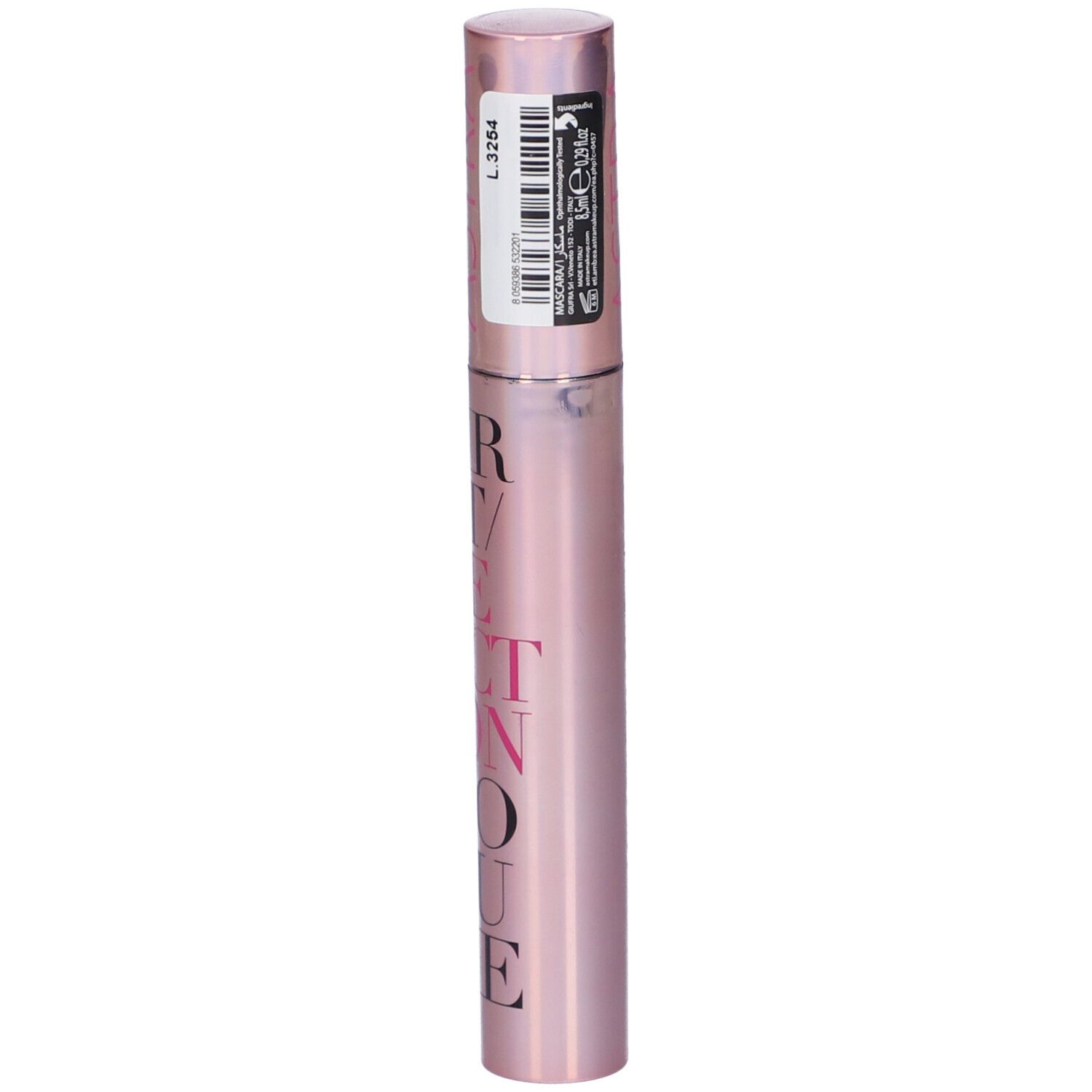 Tubo mascara, rosa, scritta: FIRST REACTION VOLUME. Logo ASTRA. Etichetta.