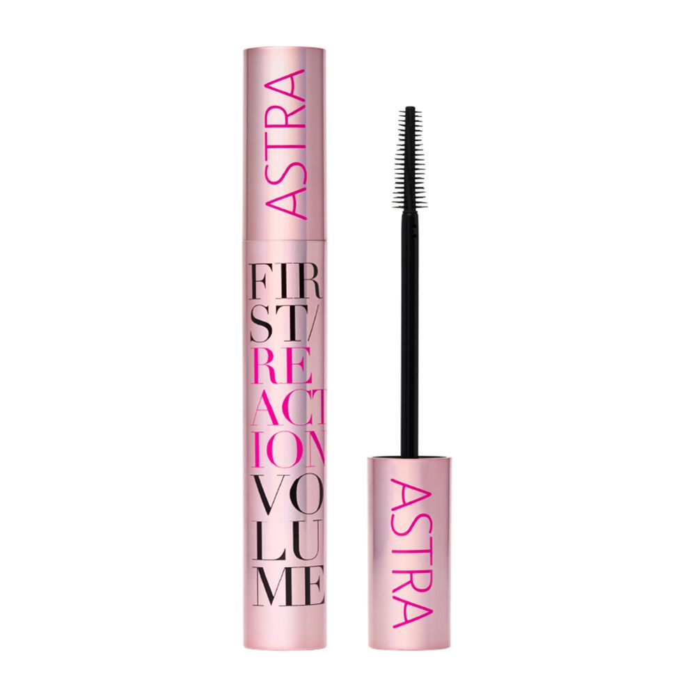 Tubo e spazzola mascara. Confezione rosa, scritta: FIRST REACTION VOLUME. Logo ASTRA.