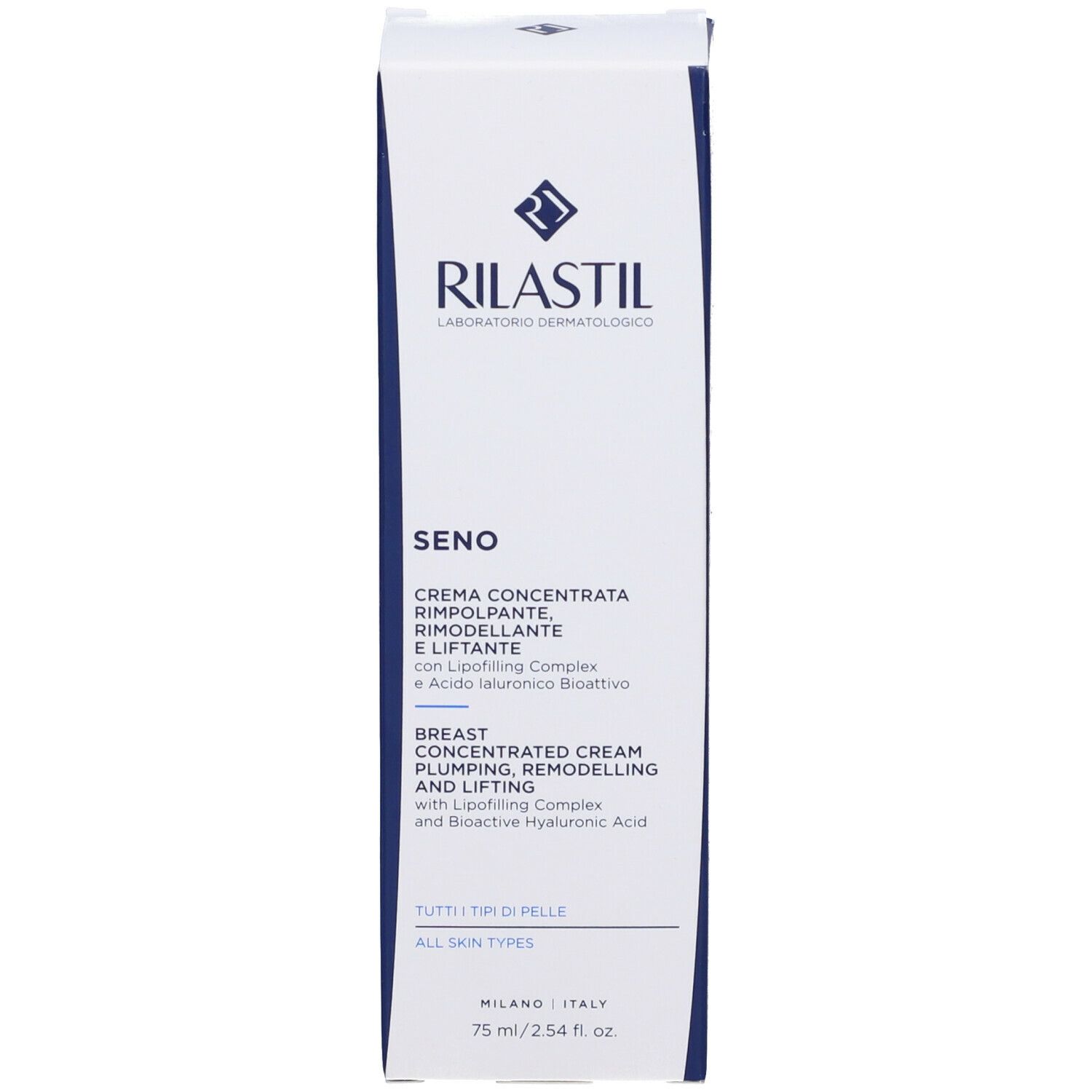 Scatola bianca con logo Rilastil e nome del prodotto Seno. Testo in italiano e inglese.