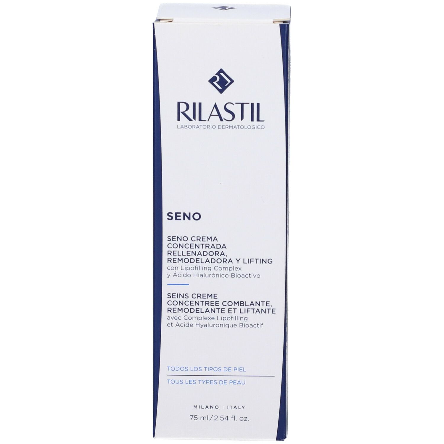 Lato della scatola bianca. Testo in italiano, inglese, spagnolo e francese.
