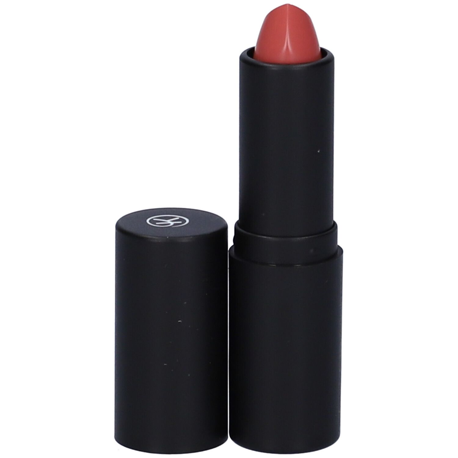 Rossetto rosa in stick nero, con tappo accanto.