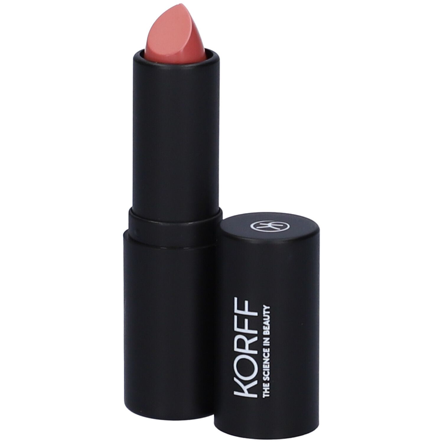 Rossetto rosa in stick nero, con tappo accanto.
