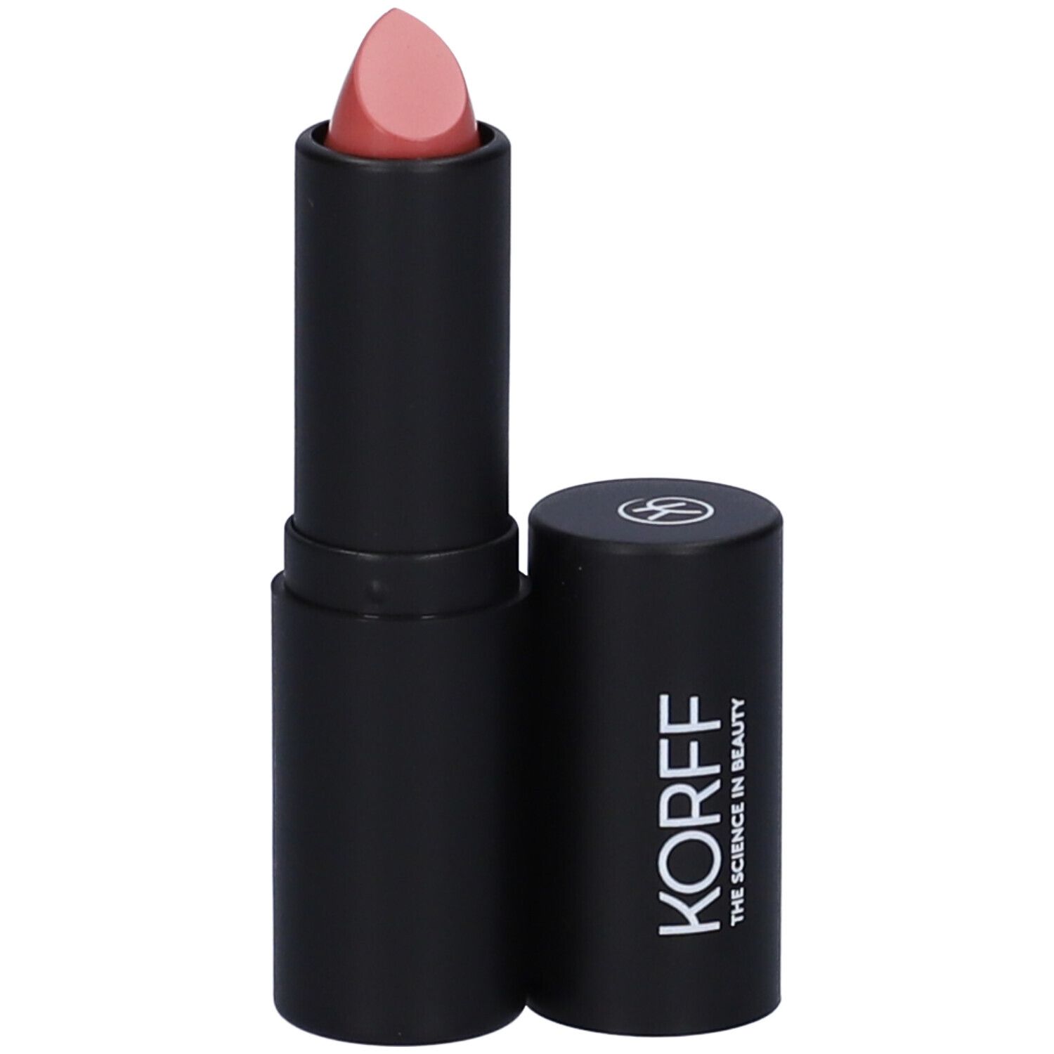 Rossetto rosa in stick nero, con tappo accanto.