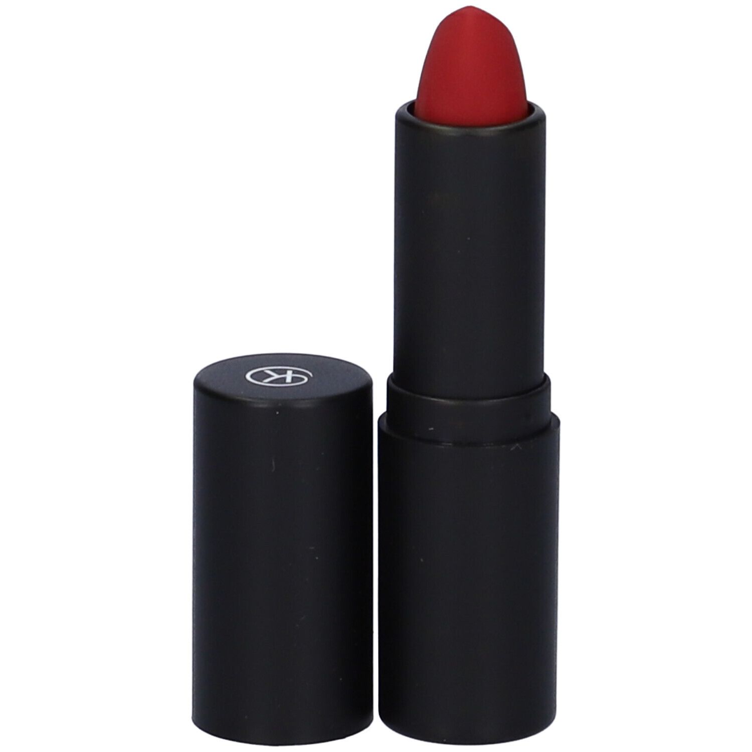 Rossetto rosso con astuccio nero e cappuccio rimosso. Un logo è visibile sul cappuccio.