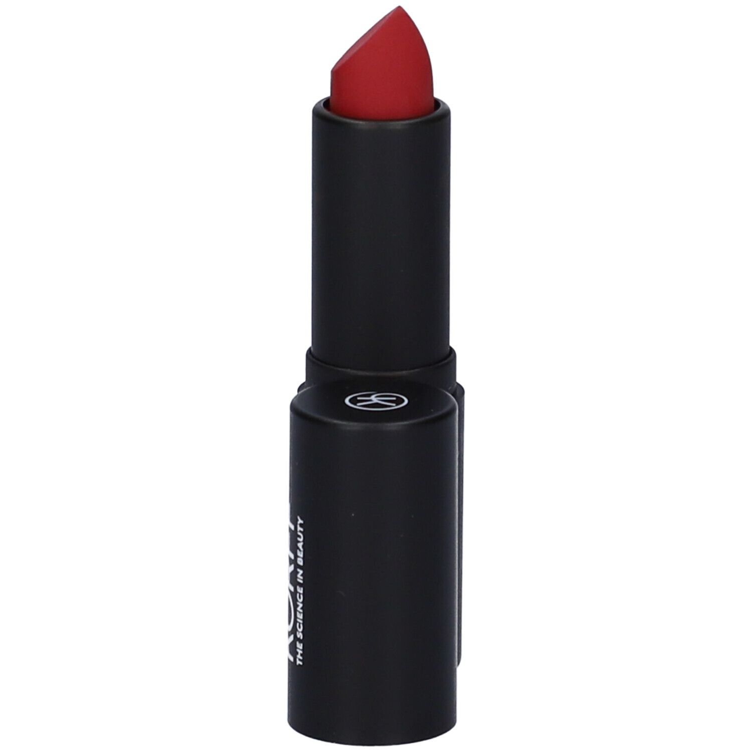 Rossetto rosso con astuccio nero. Il cappuccio è parzialmente rimosso.