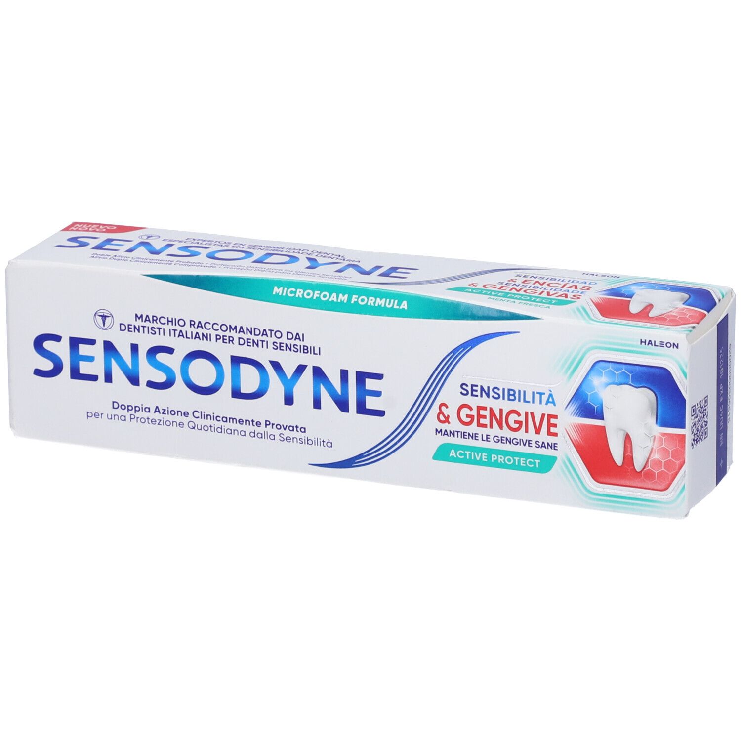 Confezione di dentifricio. Bianco, blu e verde. Testo: Sensodyne, Sensibilità & Gengive, Active Protect. Illustrazione dente.